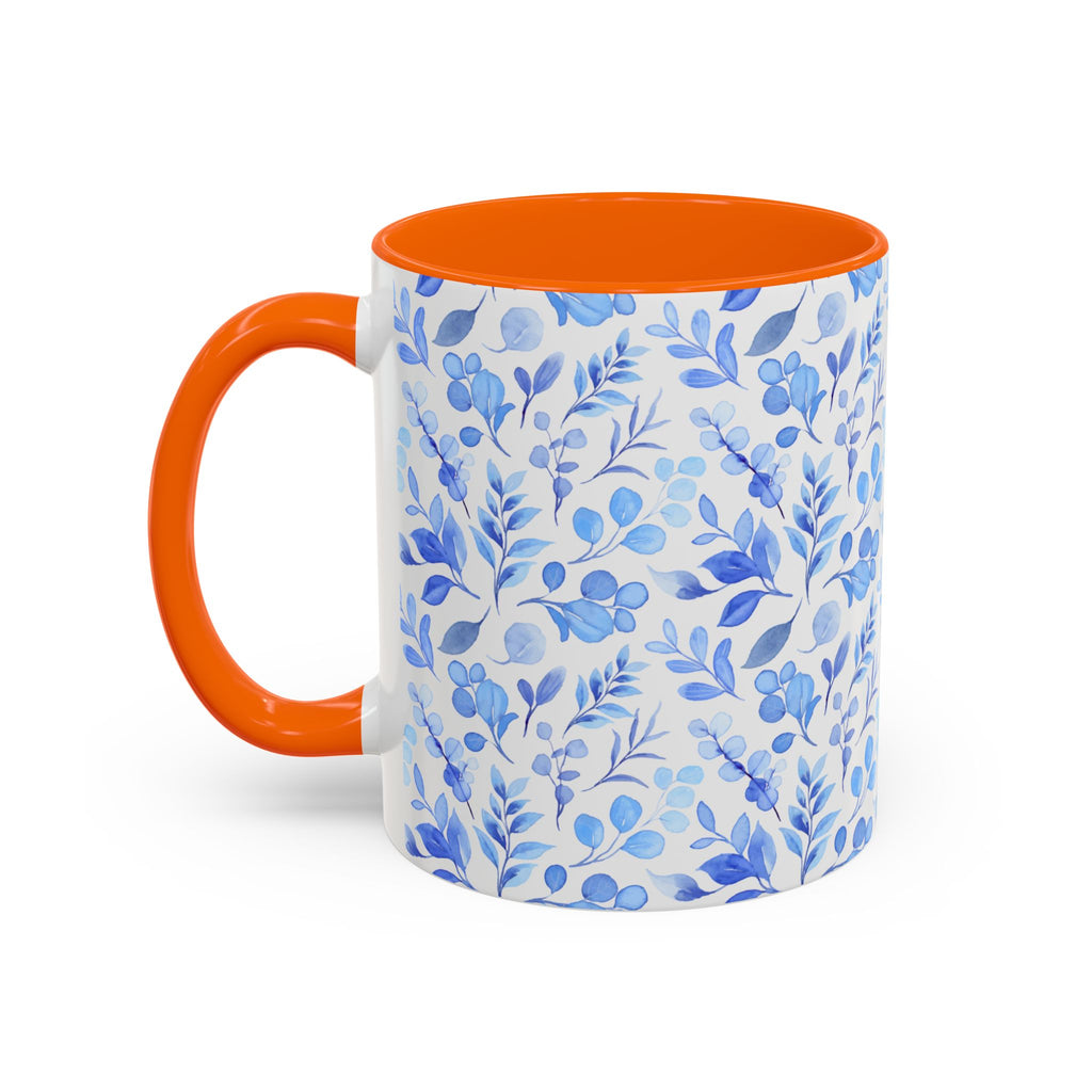 Blue Watercolor Floral Coffee Mug — Accent Handle & Interior