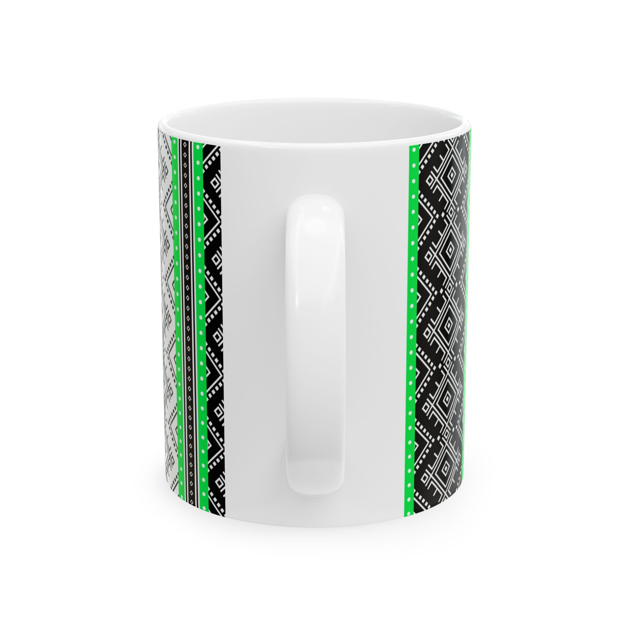 Green Stripe Ethnic Pattern Ceramic Mug – Geometric Black & Gray Tribal Design (11oz, 15oz)