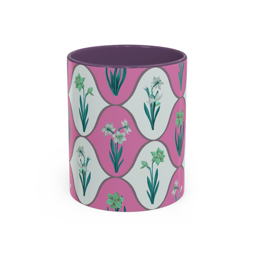 Floral Wave Accent Coffee Mug – Pink Retro Daffodil Pattern (11/15oz)