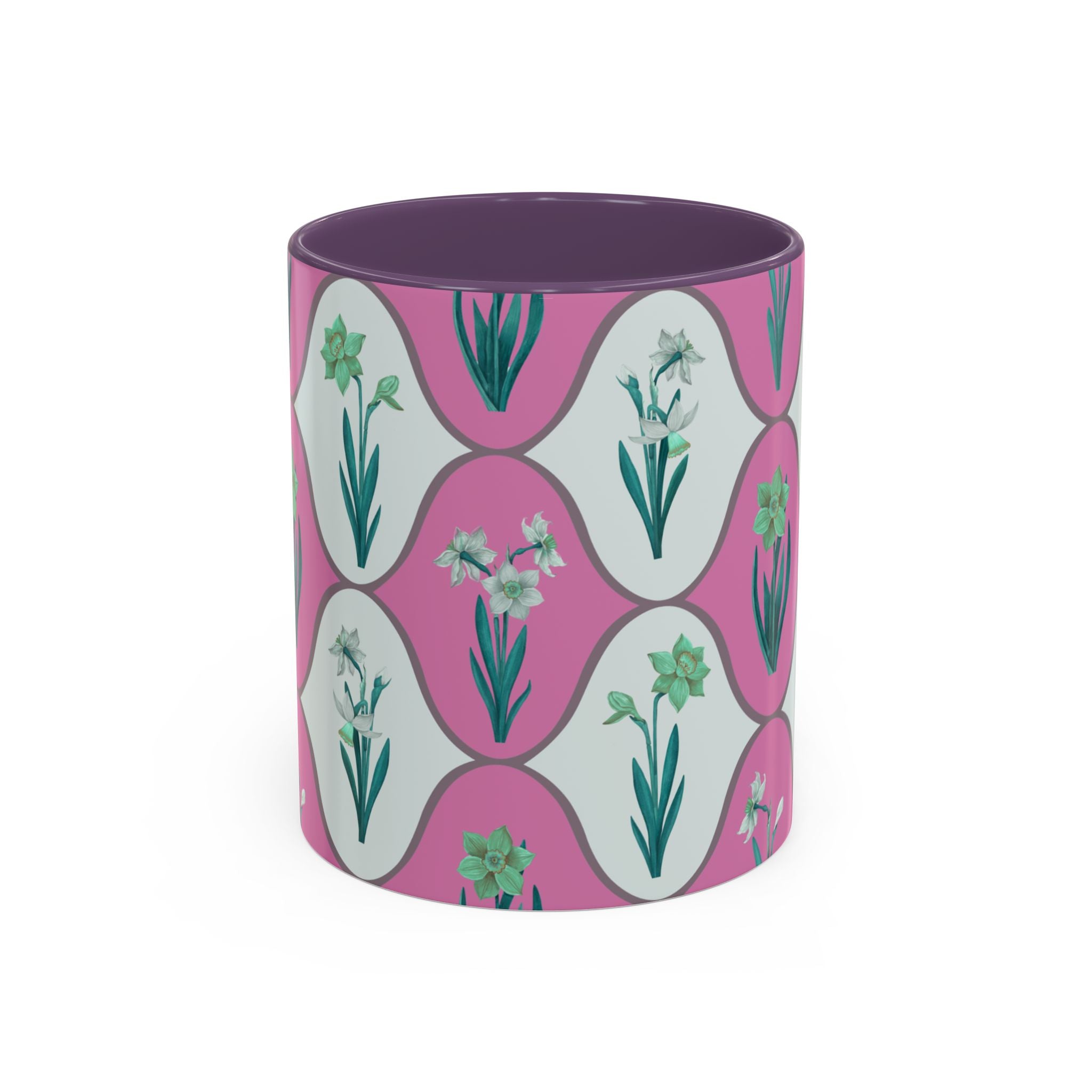 Floral Wave Accent Coffee Mug – Pink Retro Daffodil Pattern (11/15oz)
