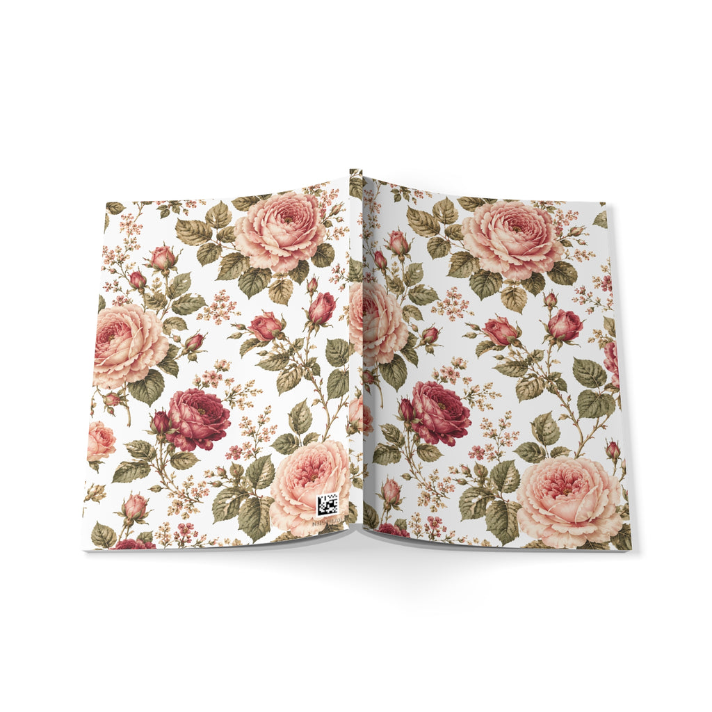 Floral Rose A5 Notebook — Vintage Pink Rose Softcover Journal