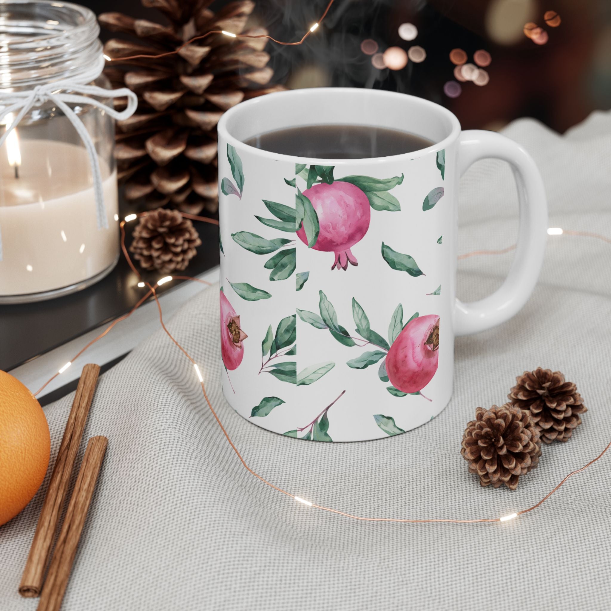 Pomegranate Watercolor Ceramic Mug — Floral Kitchen Coffee Cup (11oz & 15oz)