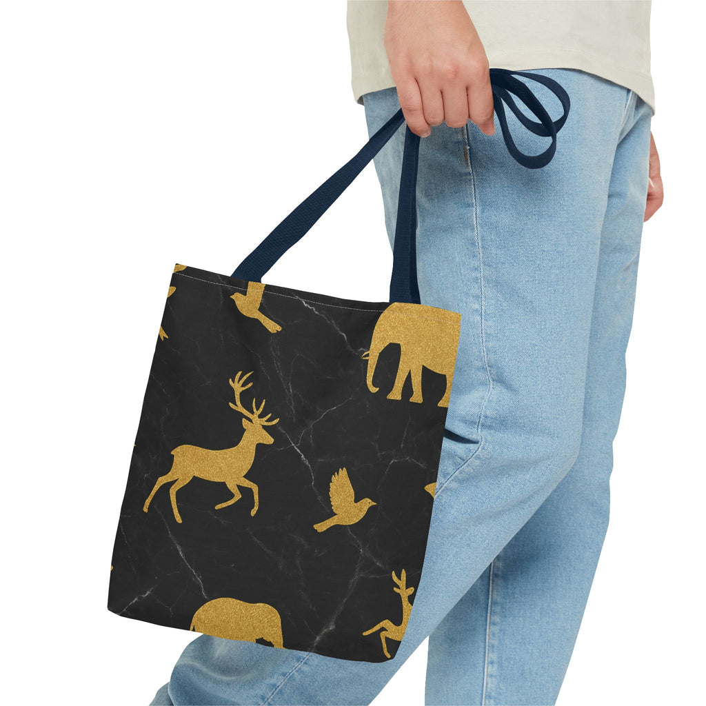 Gold Wildlife Pattern Tote Bag — Black Marble Deer & Elephant All-Over Print