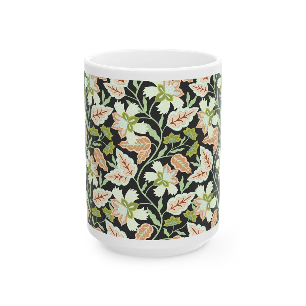 Floral Vine Ceramic Mug — Black Background Vintage Botanical Coffee Cup (11oz, 15oz)