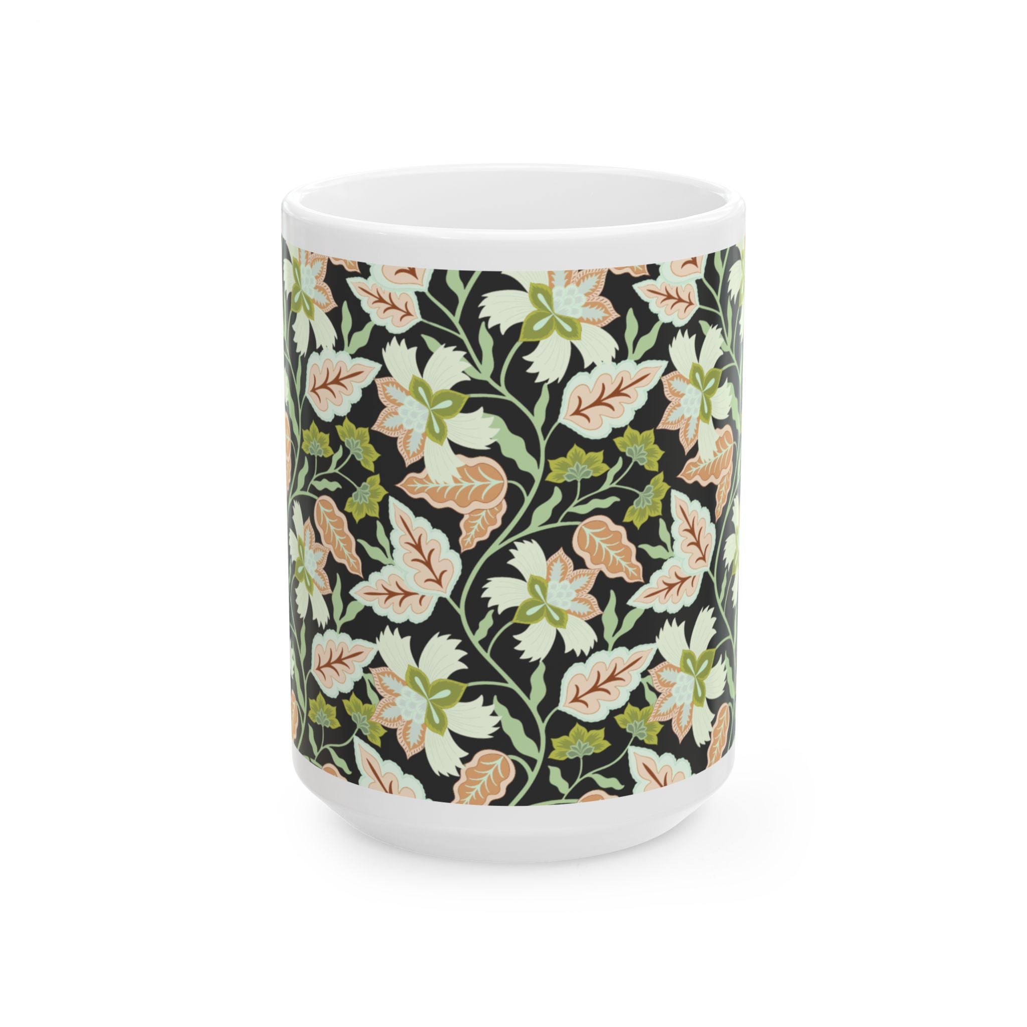 Floral Vine Ceramic Mug — Black Background Vintage Botanical Coffee Cup (11oz, 15oz)