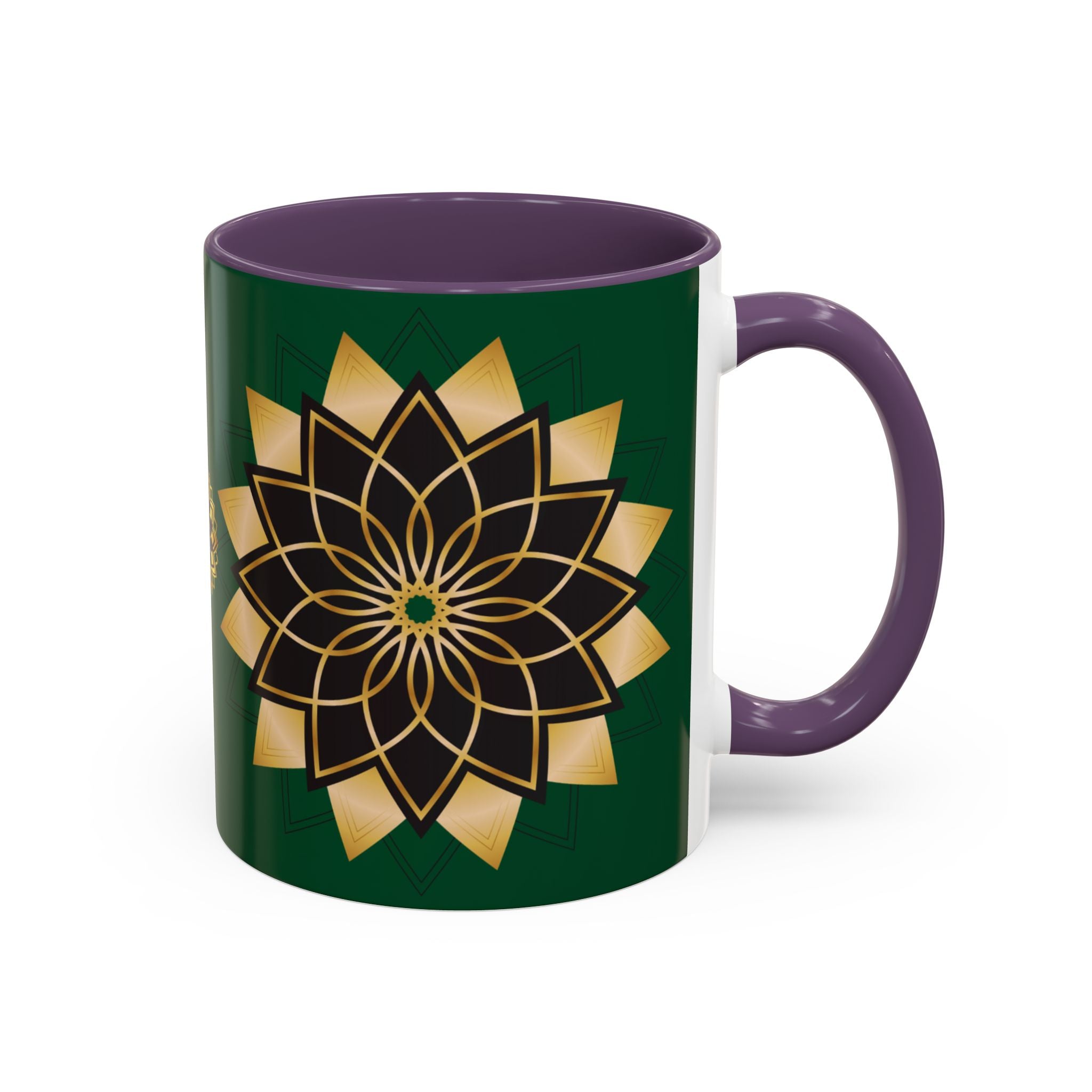 Gold Mandala Accent Coffee Mug — Elegant Green & Black Ceramic 11/15oz