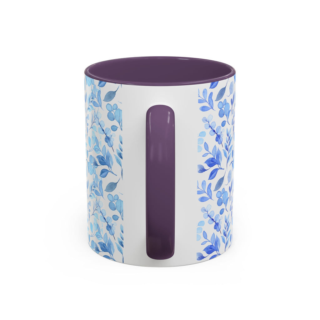 Blue Watercolor Floral Coffee Mug — Accent Handle & Interior