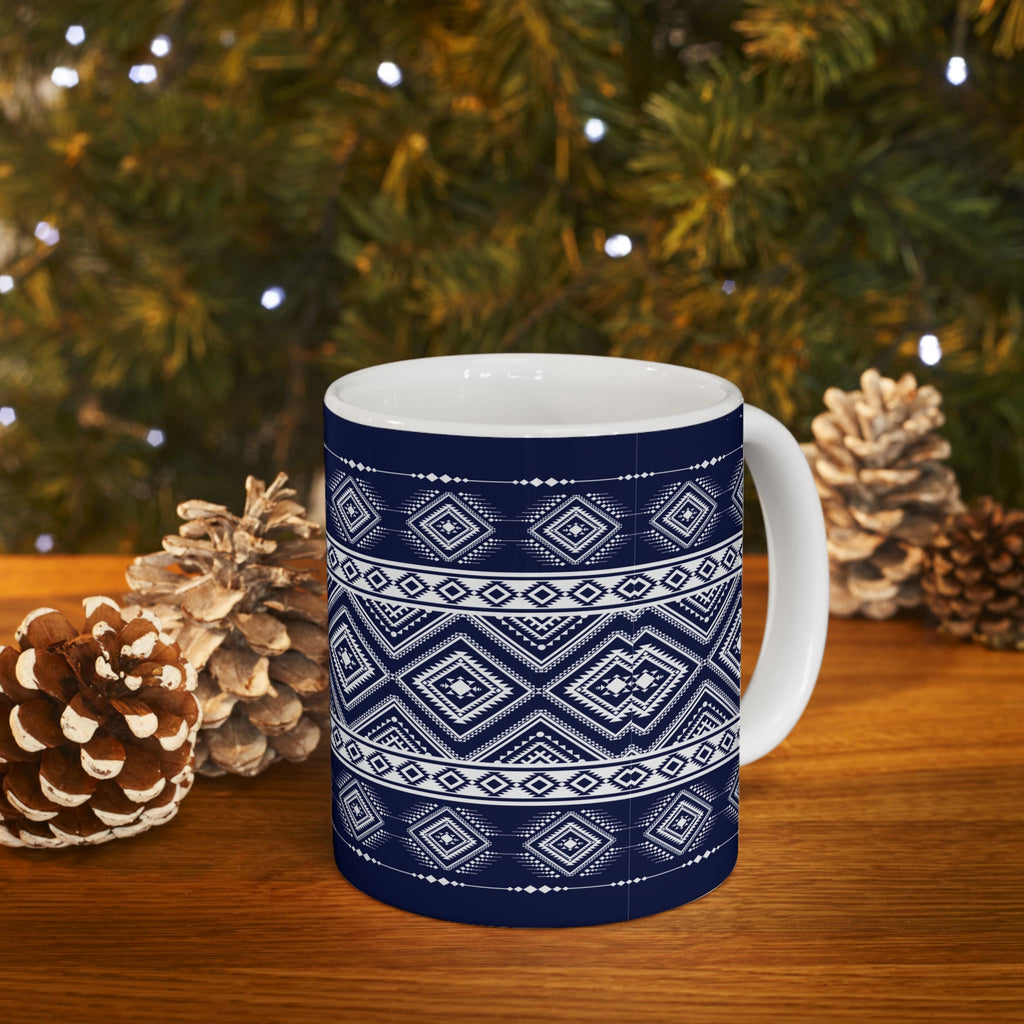 Navy Aztec Pattern Ceramic Mug — Geometric Tribal 11oz & 15oz