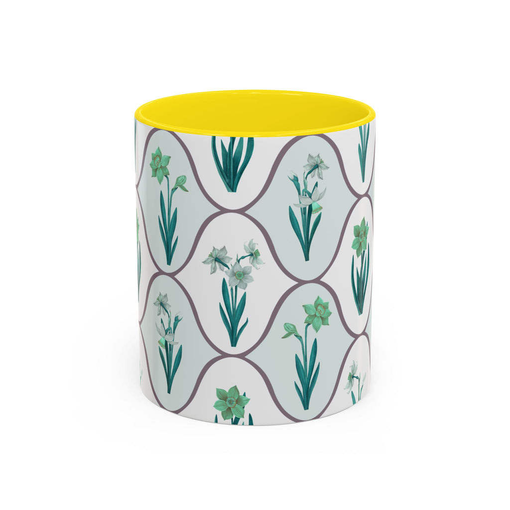 Floral Tile Accent Coffee Mug — Green Botanical Pattern (11/15 oz)
