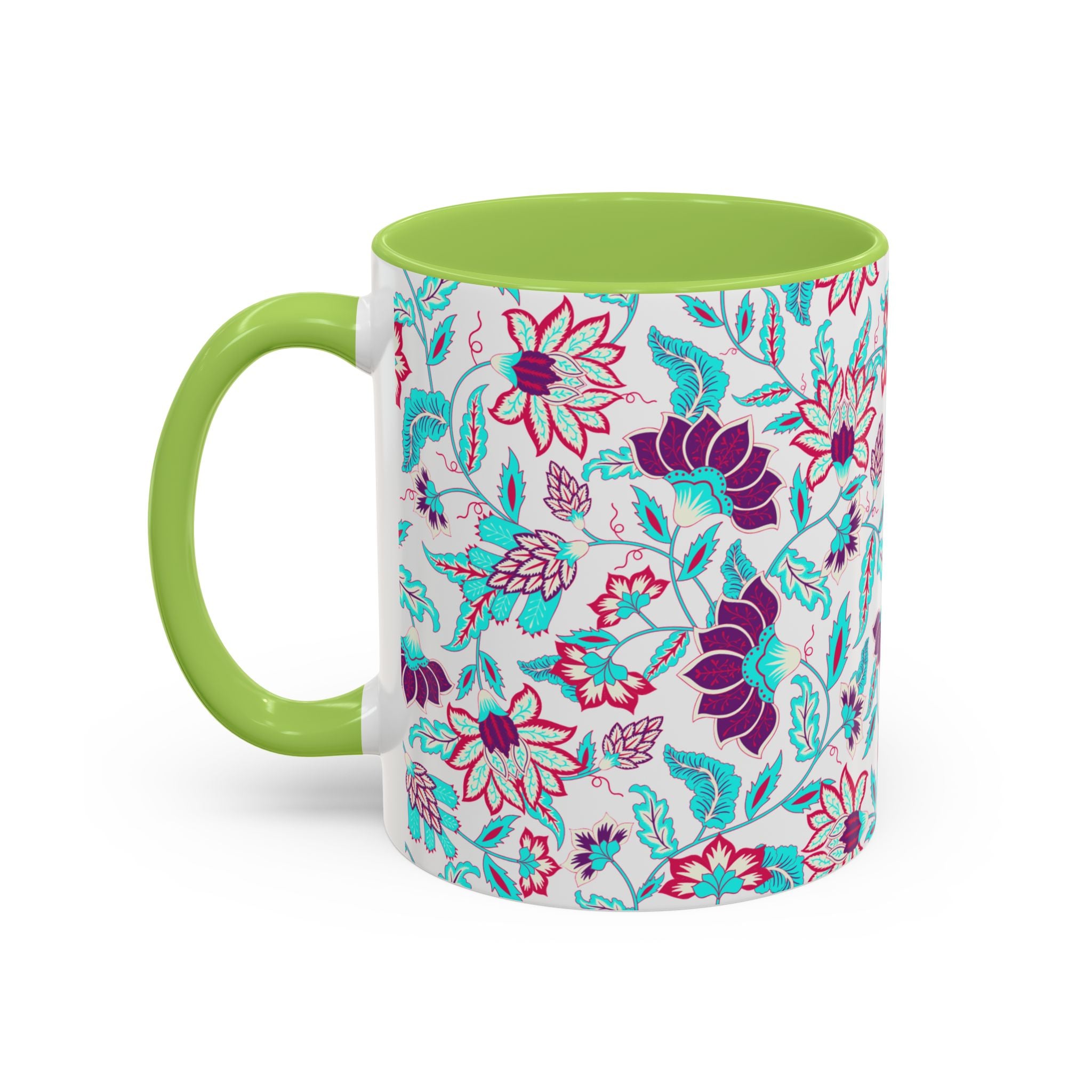 Floral Accent Coffee Mug – Teal & Magenta Patterned Ceramic Mug (11/15oz)
