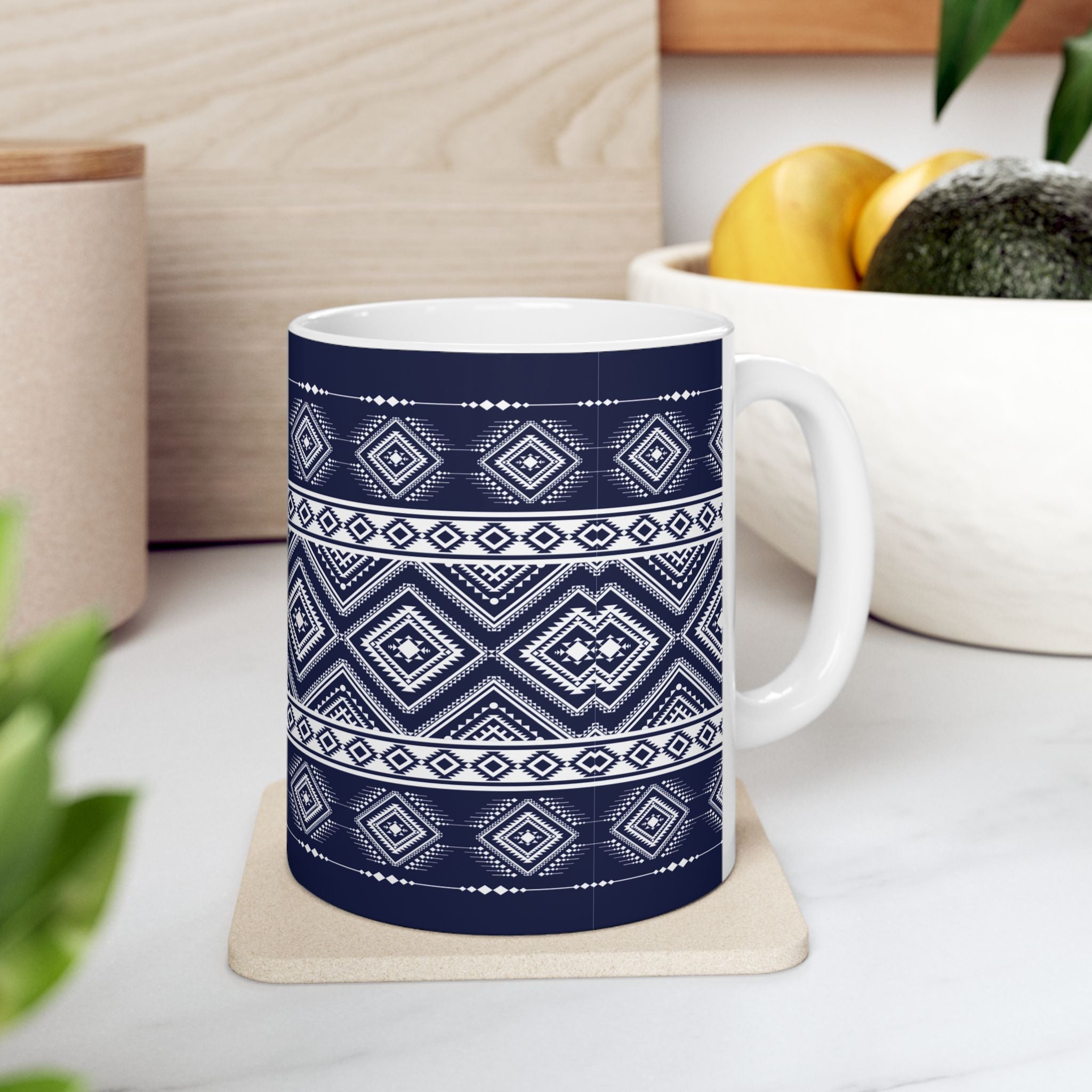 Navy Aztec Pattern Ceramic Mug — Geometric Tribal 11oz & 15oz