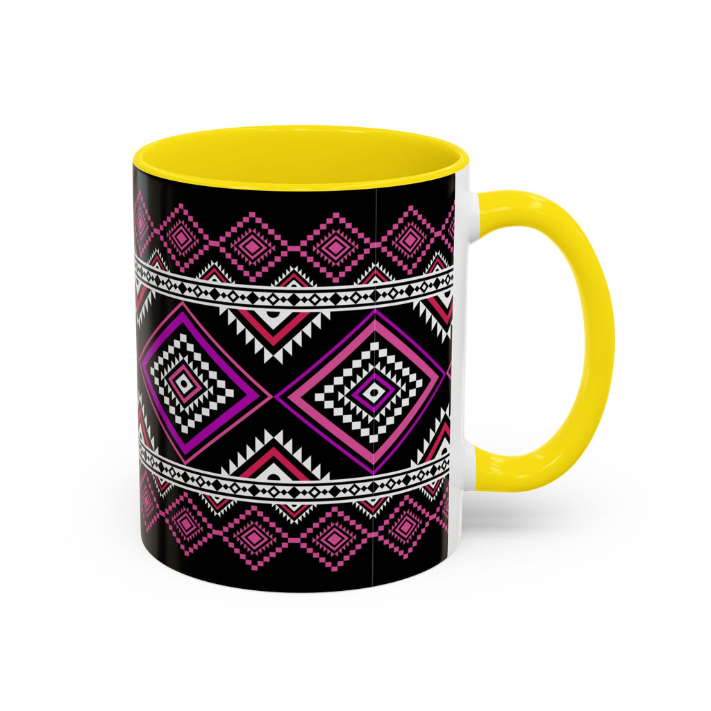 Geometric Aztec Accent Coffee Mug — Pink & Black Tribal Pattern (11/15oz)