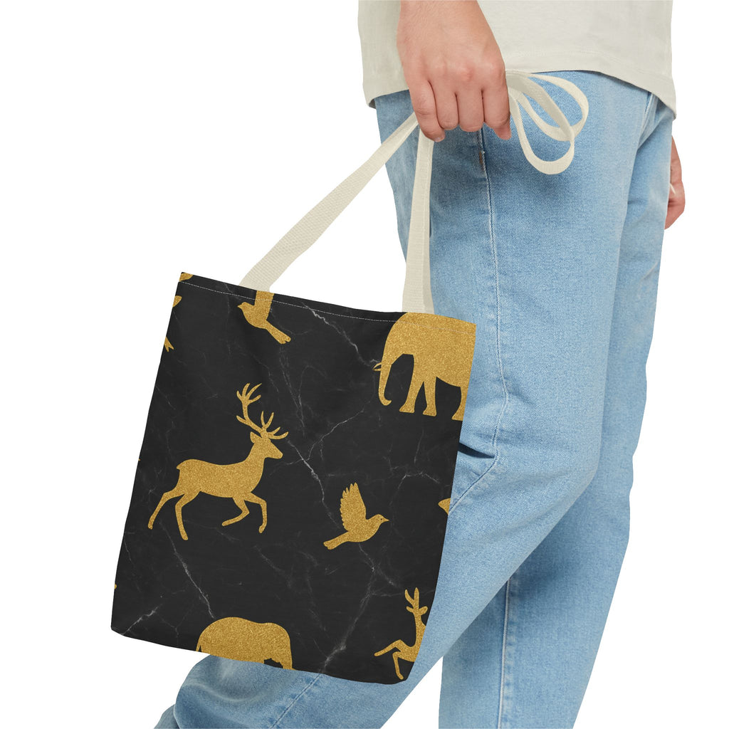 Gold Wildlife Pattern Tote Bag — Black Marble Deer & Elephant All-Over Print