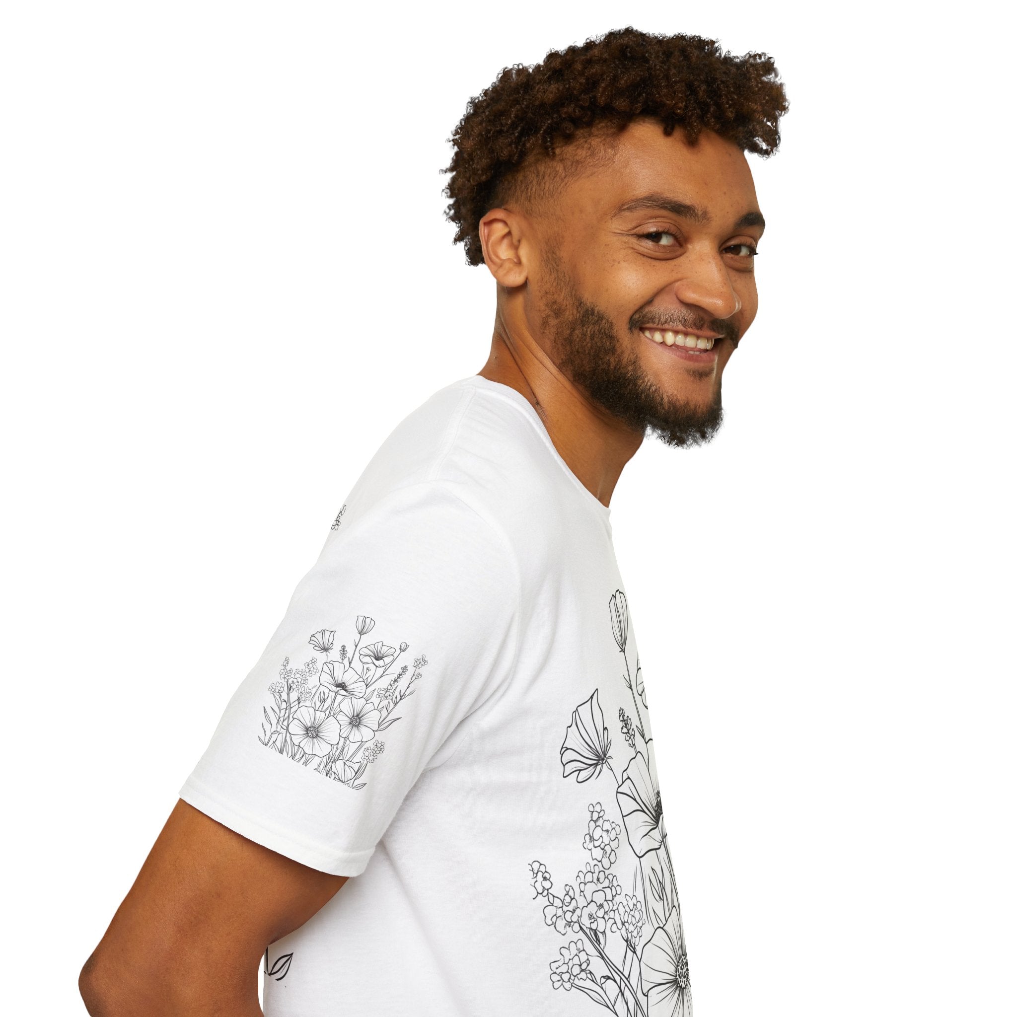 Floral Line Art T-Shirt — Botanical Poppy Sketch Tee