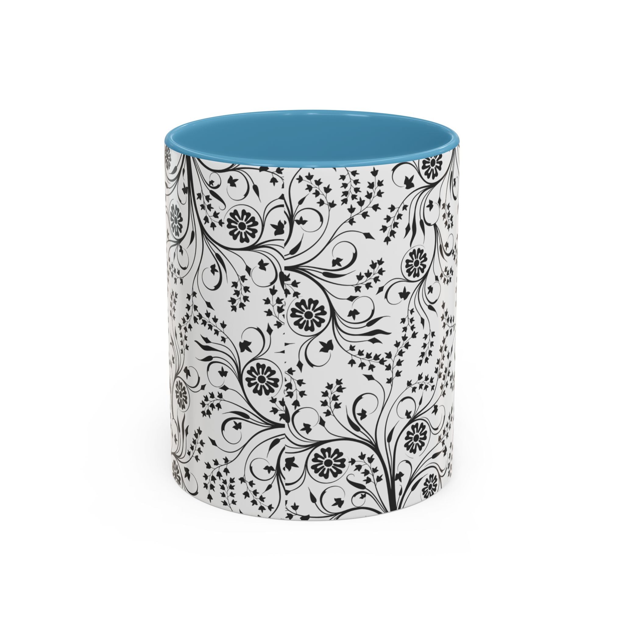 Black Floral Accent Coffee Mug — Elegant Swirl Pattern (11/15oz)