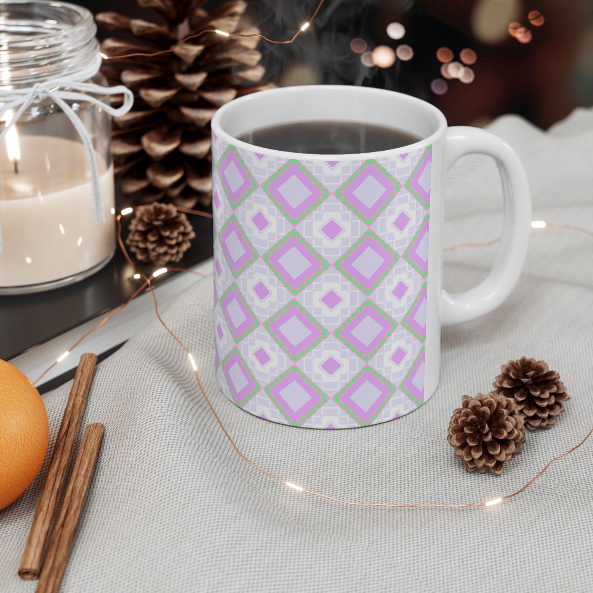 Pastel Geometric Ceramic Mug — Lavender Diamond Pattern (11oz, 15oz)