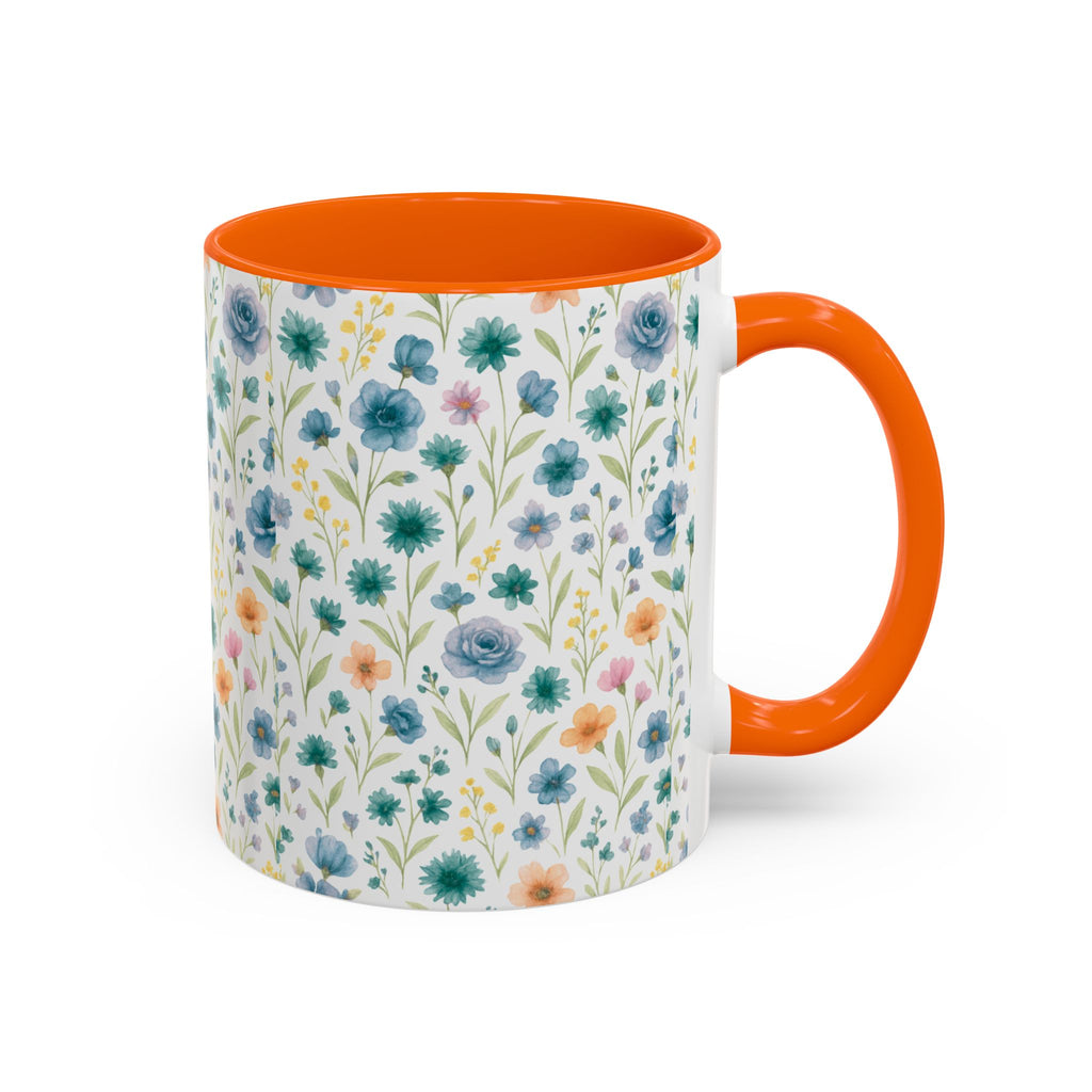 Floral Watercolor Accent Coffee Mug — Blue & Peach Wildflower Pattern (11/15oz)