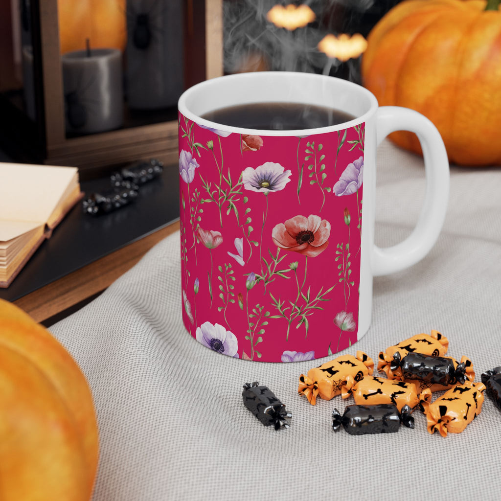 Floral Poppy Pattern Ceramic Mug — Pink Botanical Coffee Cup (11oz/15oz)