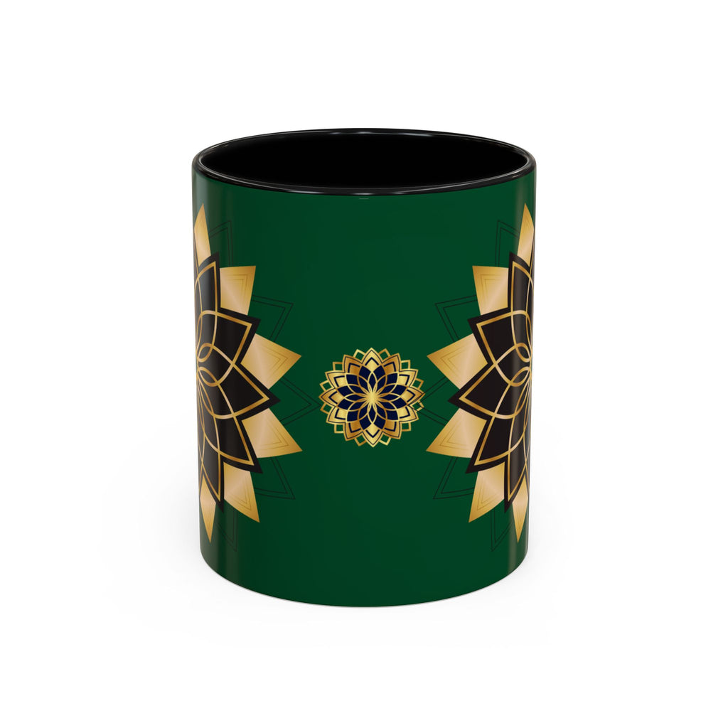 Gold Mandala Accent Coffee Mug — Elegant Green & Black Ceramic 11/15oz