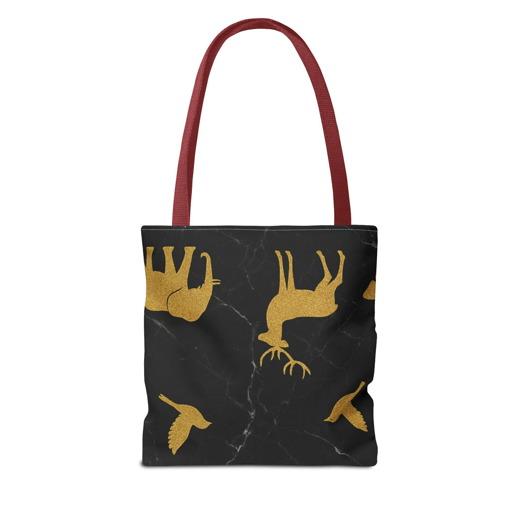 Gold Wildlife Pattern Tote Bag — Black Marble Deer & Elephant All-Over Print