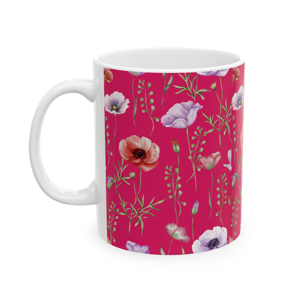 Floral Poppy Pattern Ceramic Mug — Pink Botanical Coffee Cup (11oz/15oz)