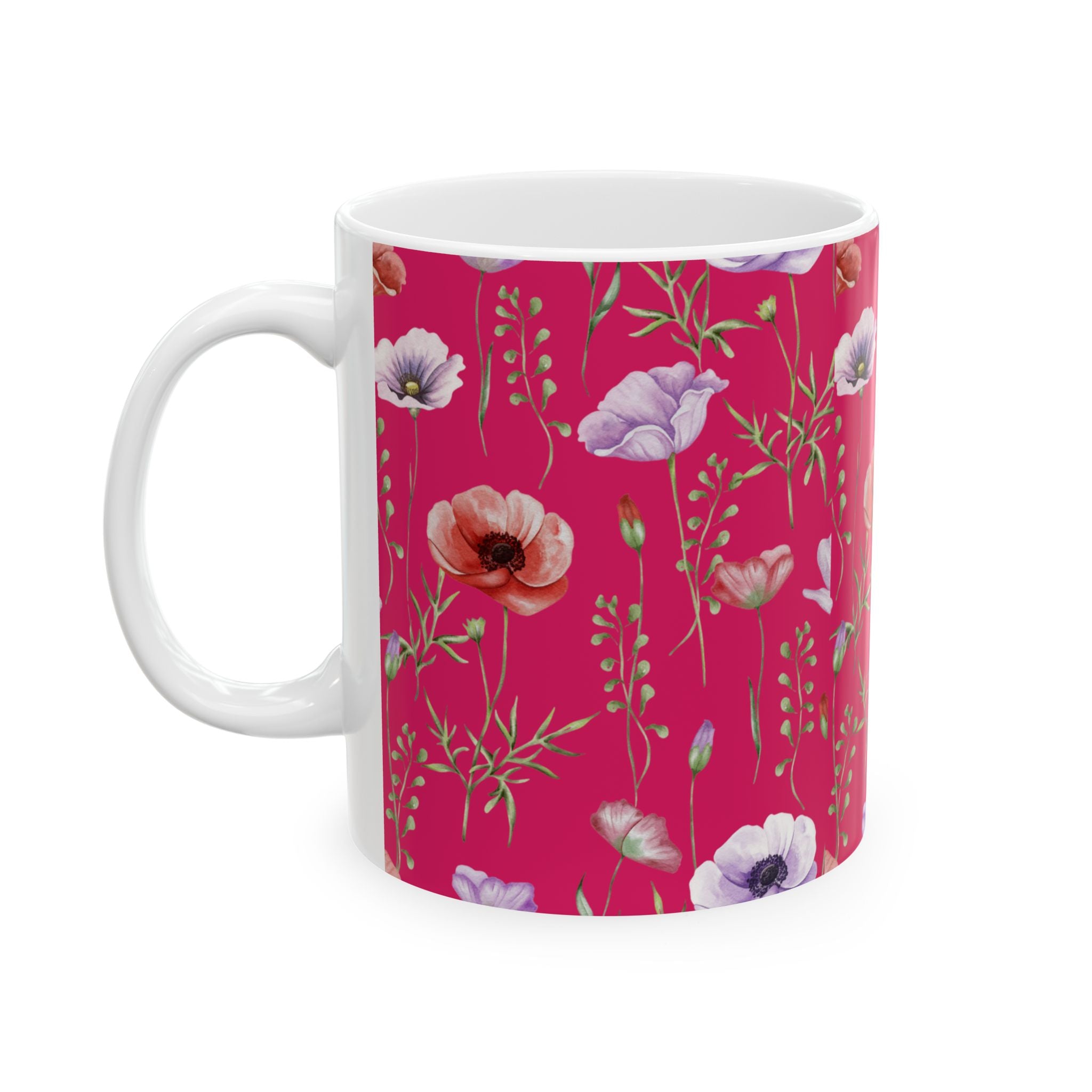 Floral Poppy Pattern Ceramic Mug — Pink Botanical Coffee Cup (11oz/15oz)