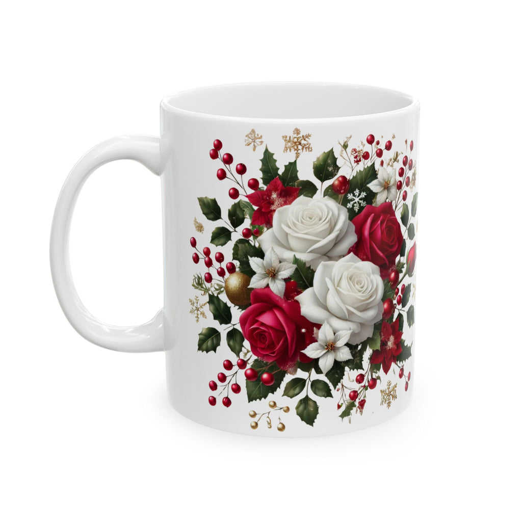 Holiday Floral Mug — Red & White Rose Christmas Coffee Cup (11oz, 15oz)
