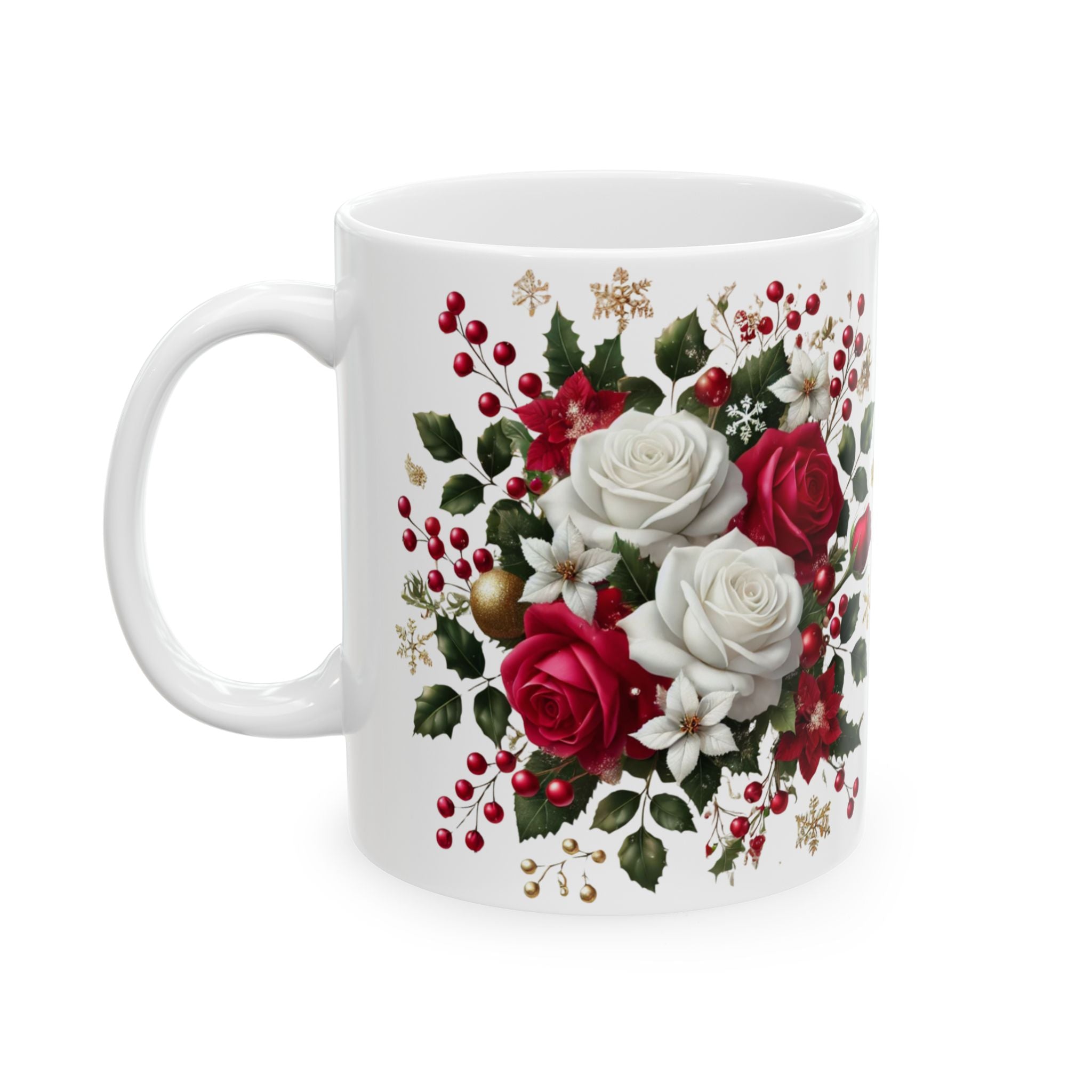 Holiday Floral Mug — Red & White Rose Christmas Coffee Cup (11oz, 15oz)