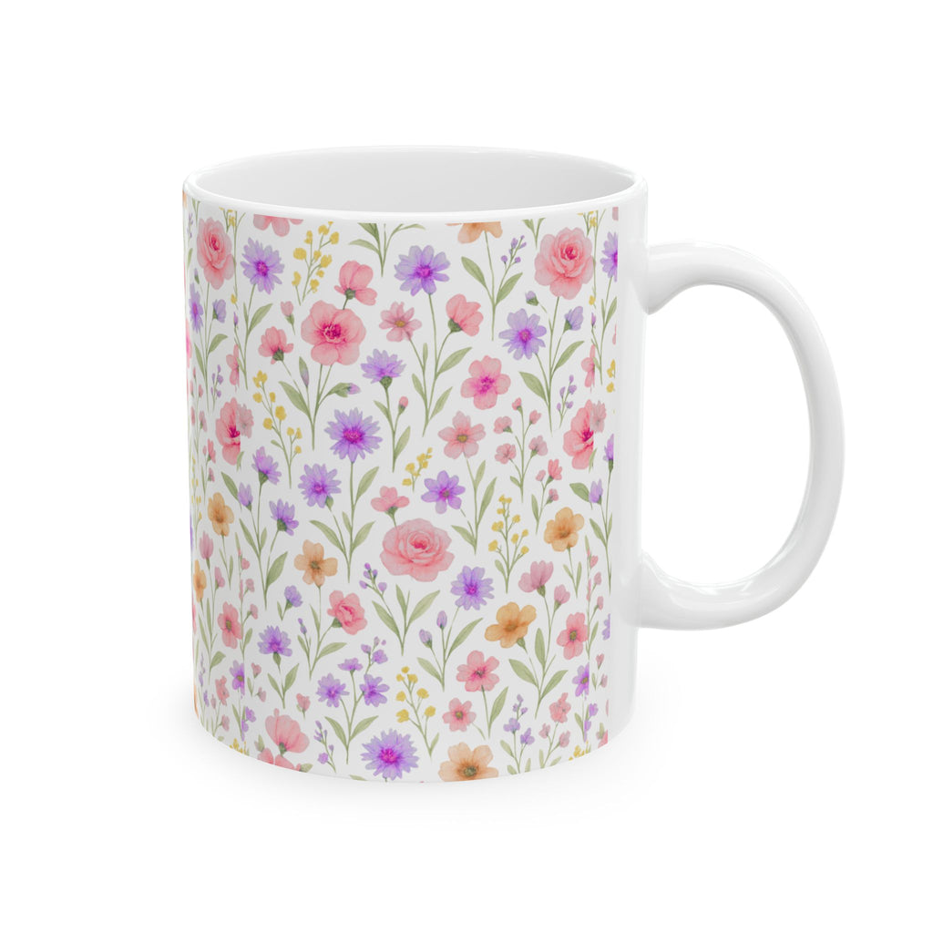 Floral Watercolor Ceramic Mug — Pink & Lavender Wildflower Pattern (11oz, 15oz)