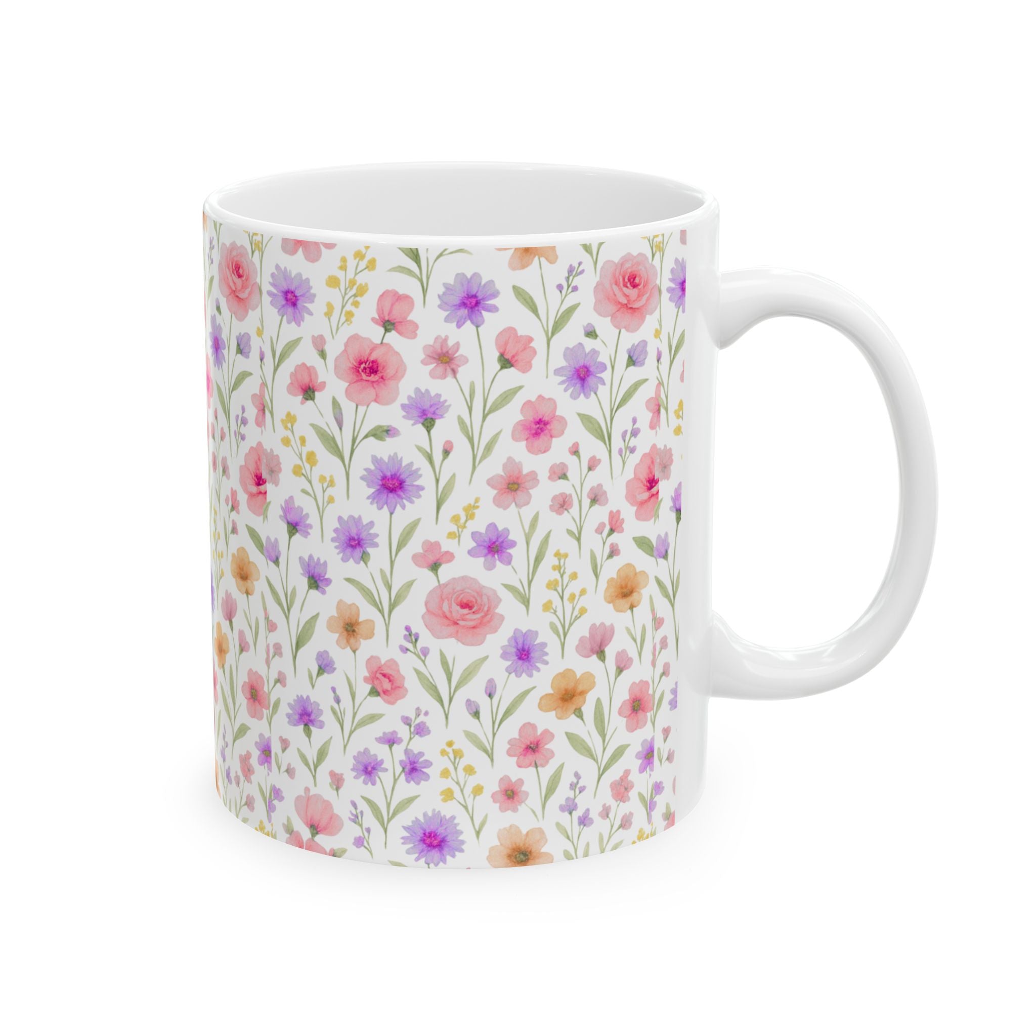 Floral Watercolor Ceramic Mug — Pink & Lavender Wildflower Pattern (11oz, 15oz)