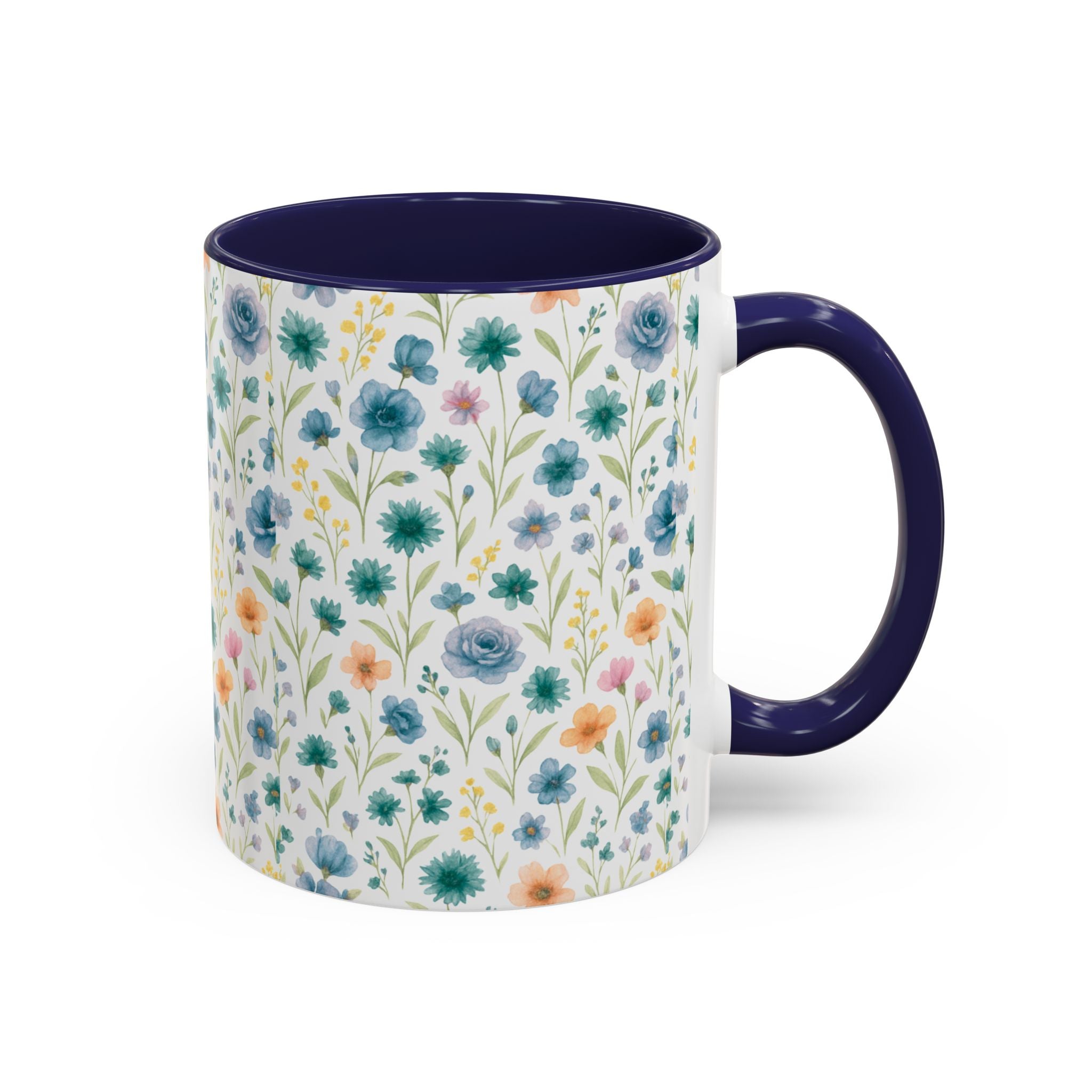 Floral Watercolor Accent Coffee Mug — Blue & Peach Wildflower Pattern (11/15oz)