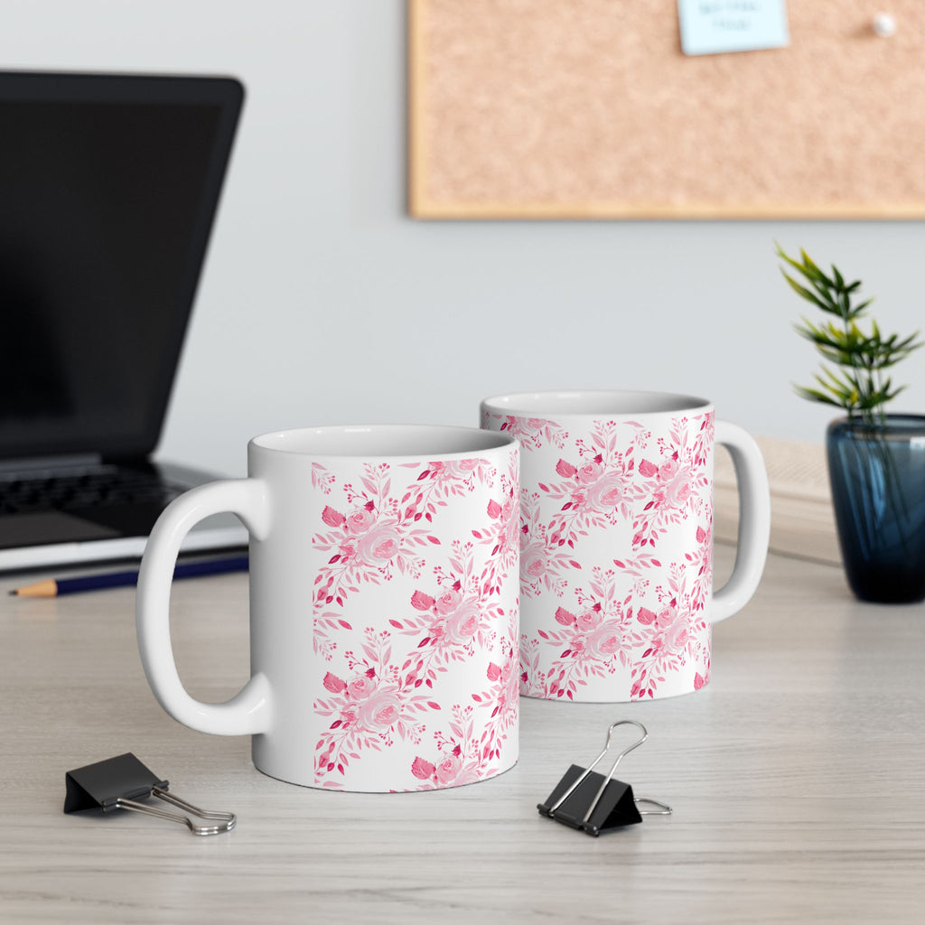 Pink Watercolor Floral Mug — Feminine Rose Pattern Ceramic Coffee Cup (11oz, 15oz)