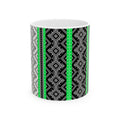 Ethnic Geometric Pattern Ceramic Mug — Black & Neon Green Tribal Stripe (11oz/15oz)
