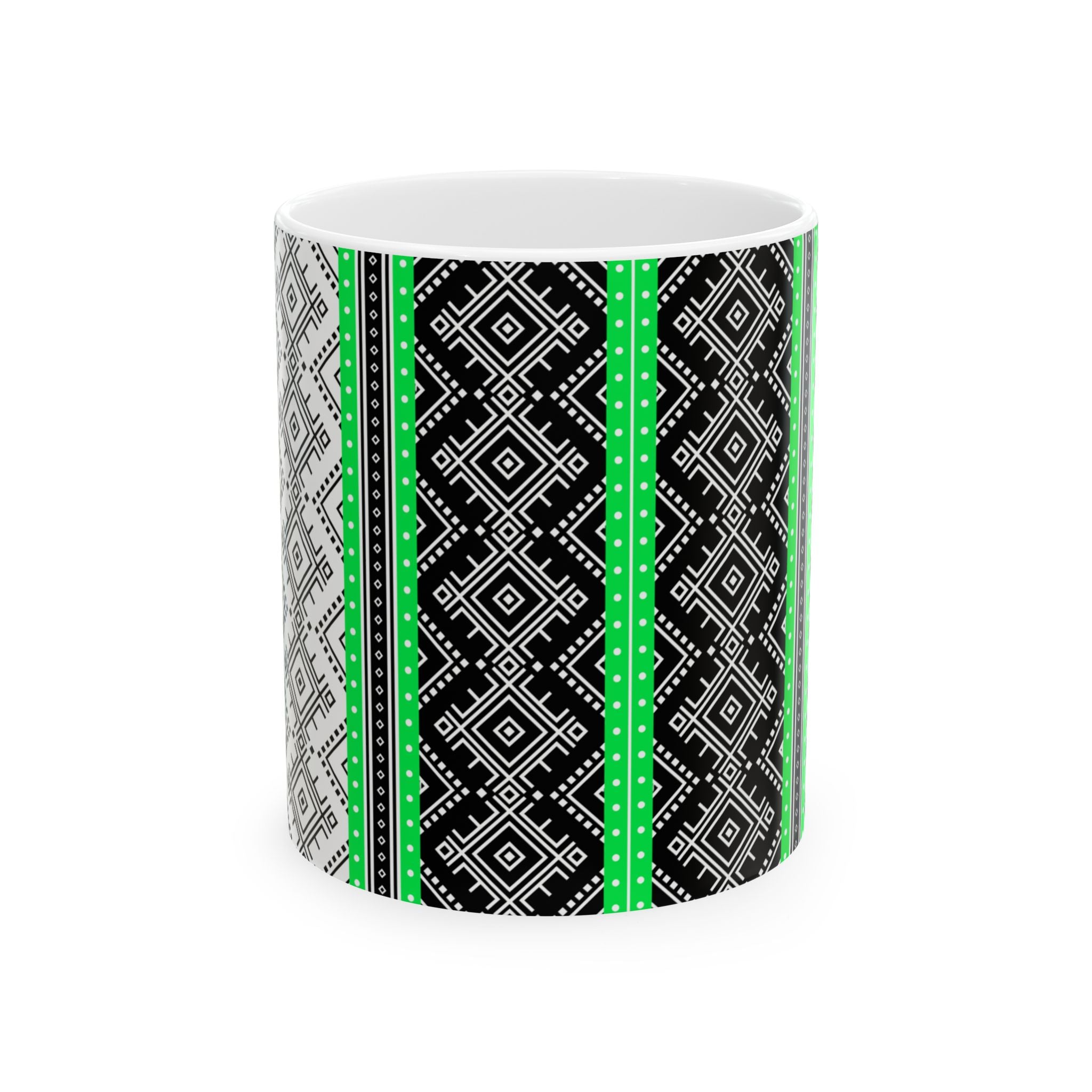 Ethnic Geometric Pattern Ceramic Mug — Black & Neon Green Tribal Stripe (11oz/15oz)