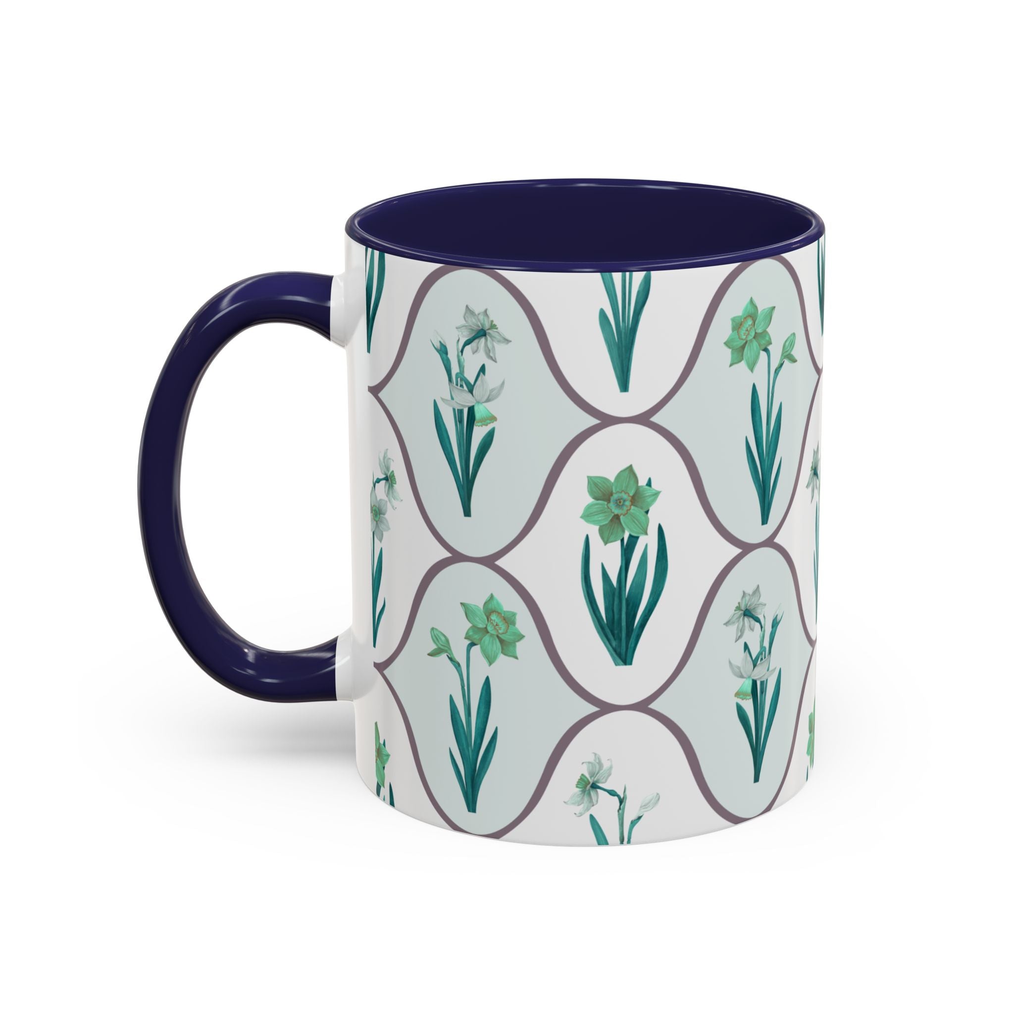 Floral Tile Accent Coffee Mug — Green Botanical Pattern (11/15 oz)
