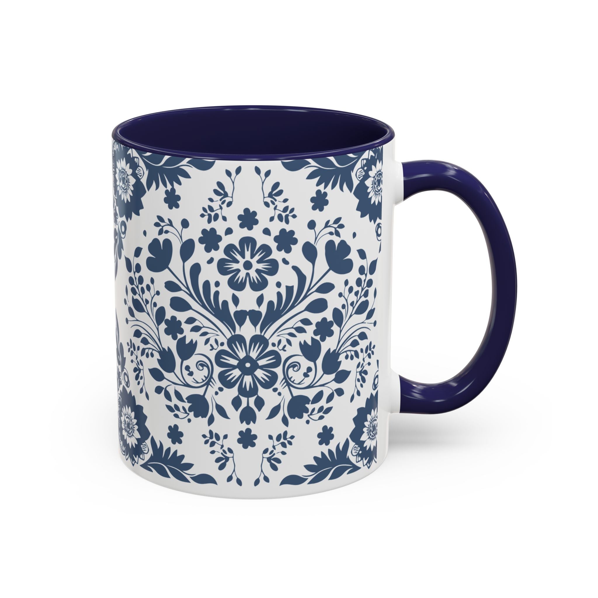 Blue Floral Accent Coffee Mug - Navy Vintage Delft Pattern (11/15oz)