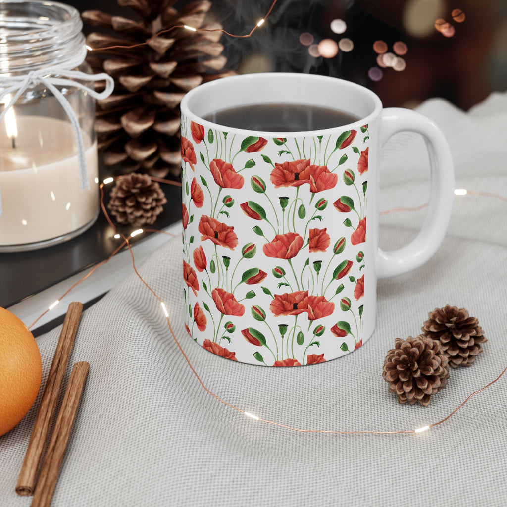 Poppy Pattern Ceramic Mug — Floral Red Poppy Coffee Cup (11oz, 15oz)