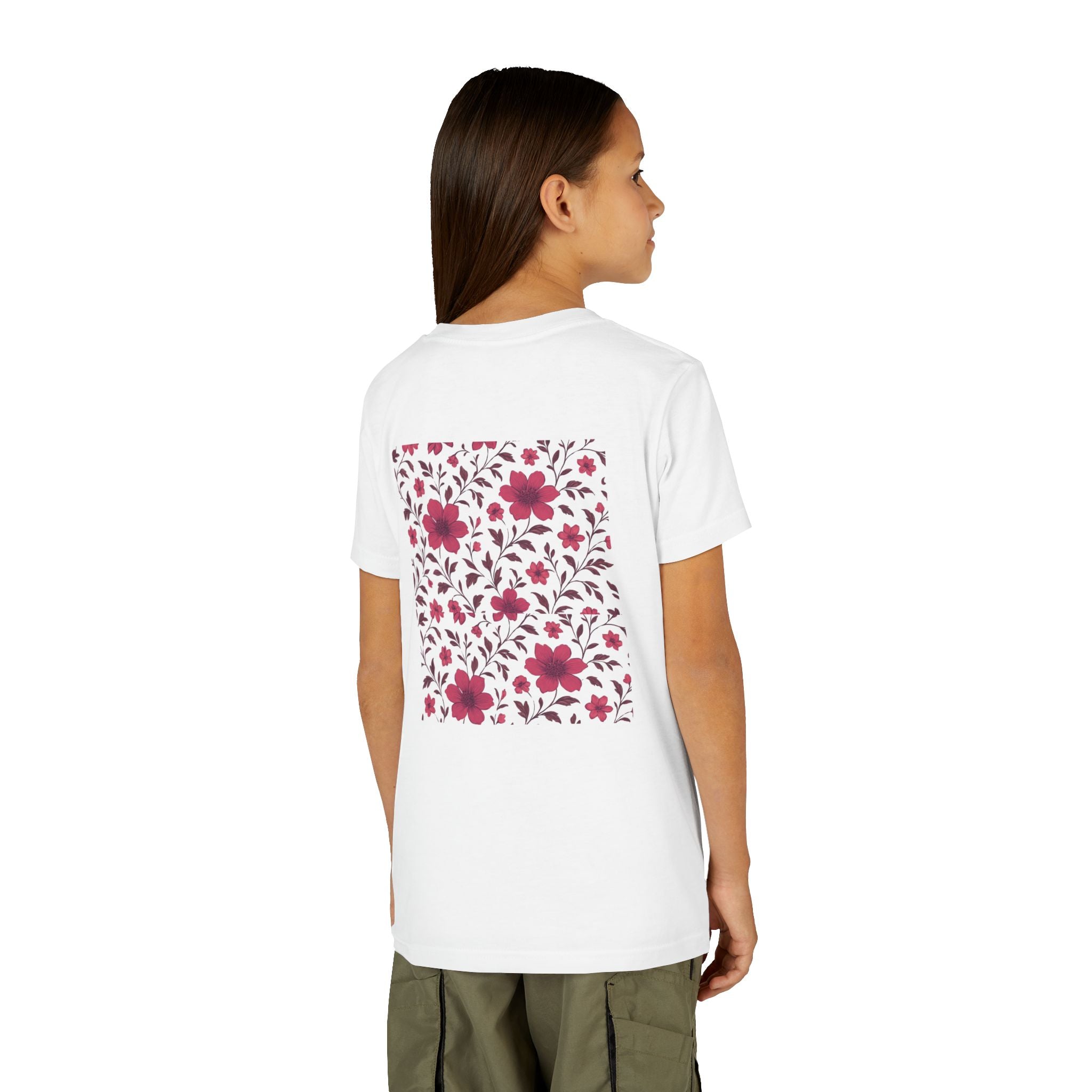 Girls Floral Pattern Youth Tee — Pink Red Blossom Short Sleeve Shirt