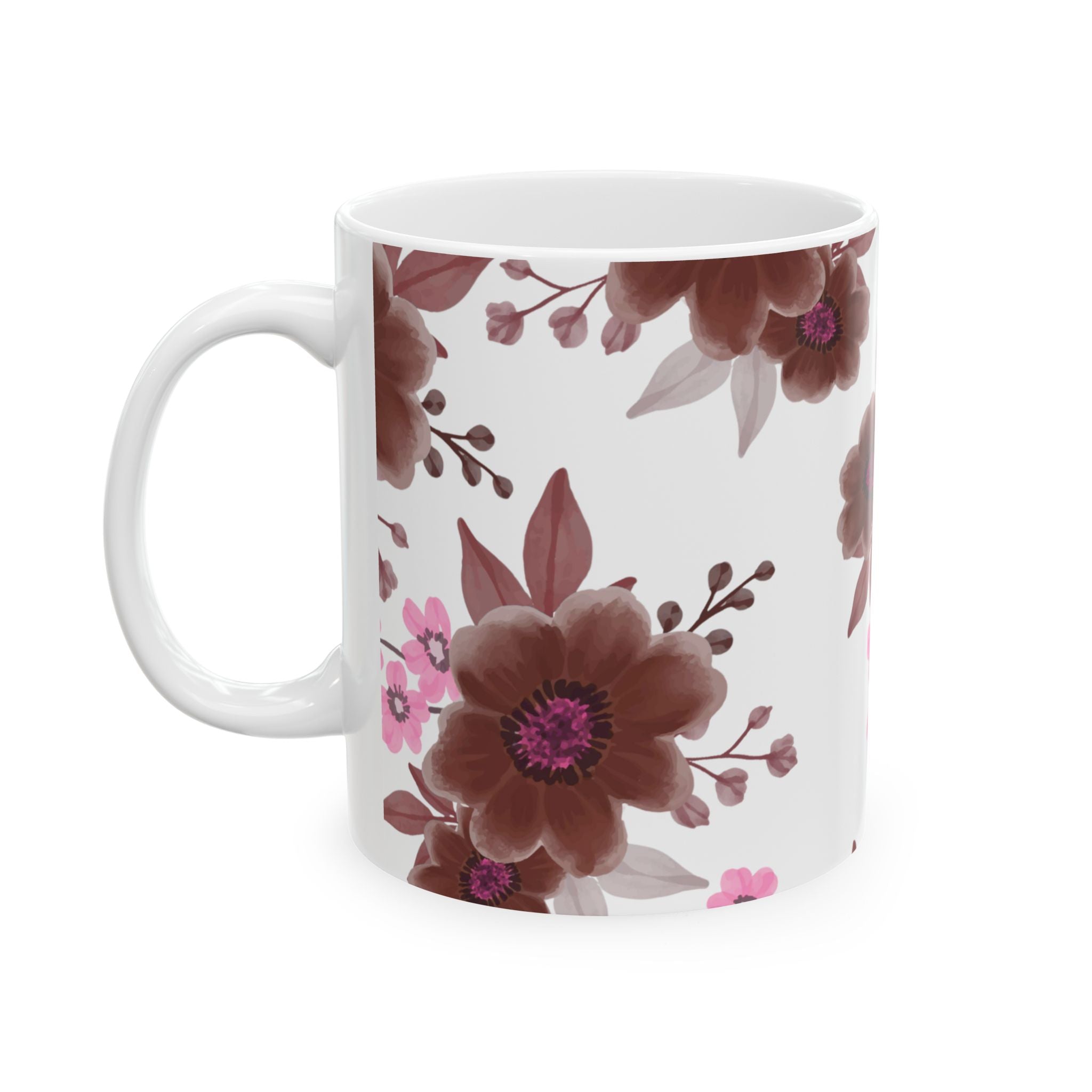 Floral Ceramic Mug — Pink & Brown Vintage Flower Coffee Cup (11oz, 15oz)