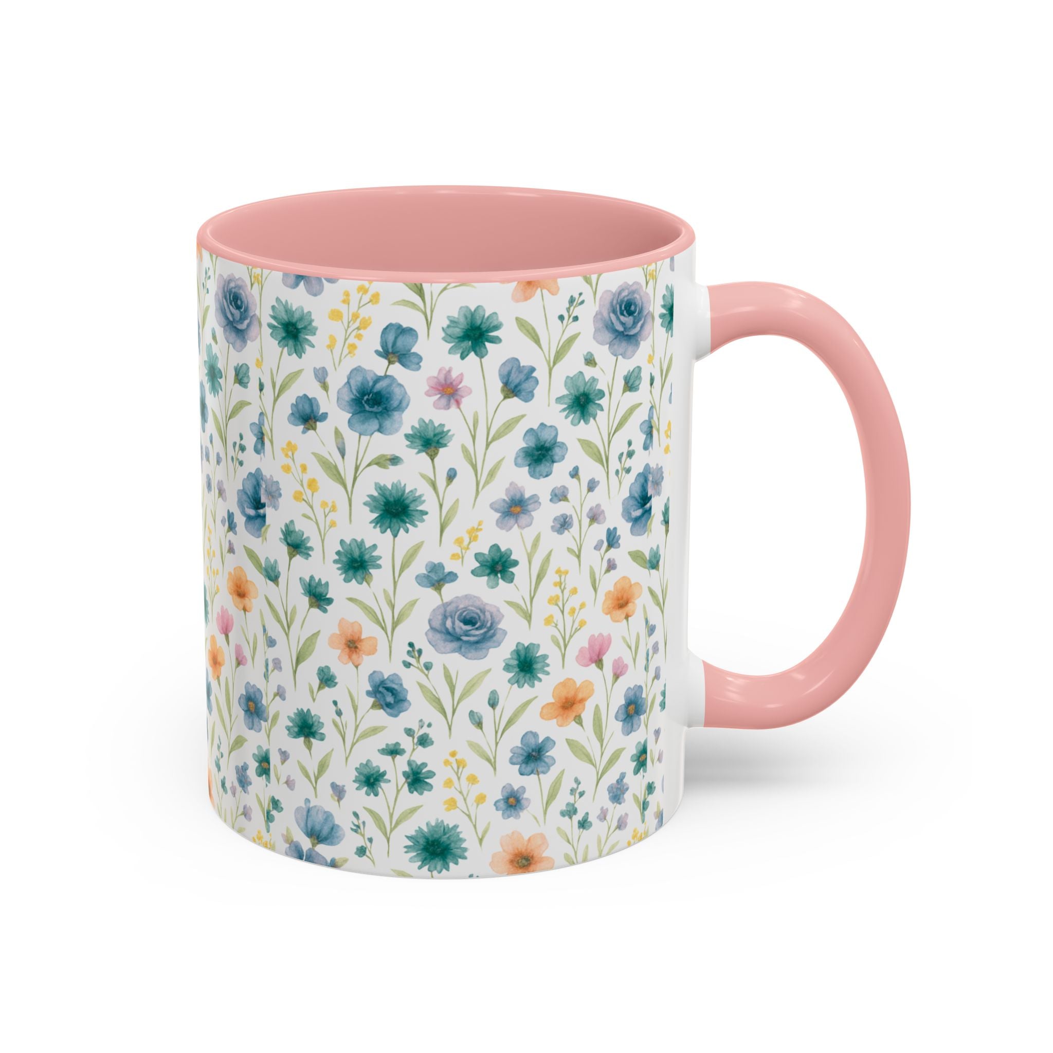 Floral Watercolor Accent Coffee Mug — Blue & Peach Wildflower Pattern (11/15oz)