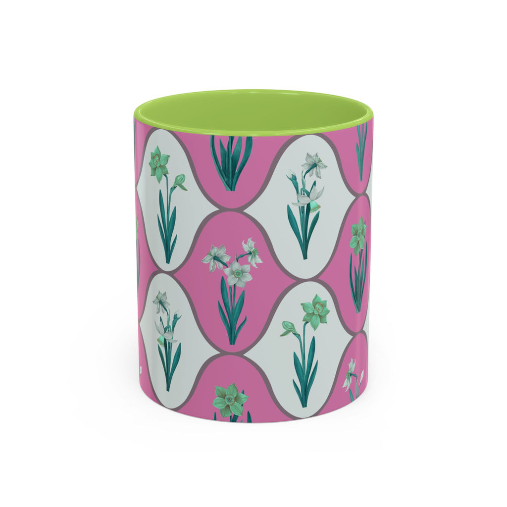 Floral Wave Accent Coffee Mug – Pink Retro Daffodil Pattern (11/15oz)