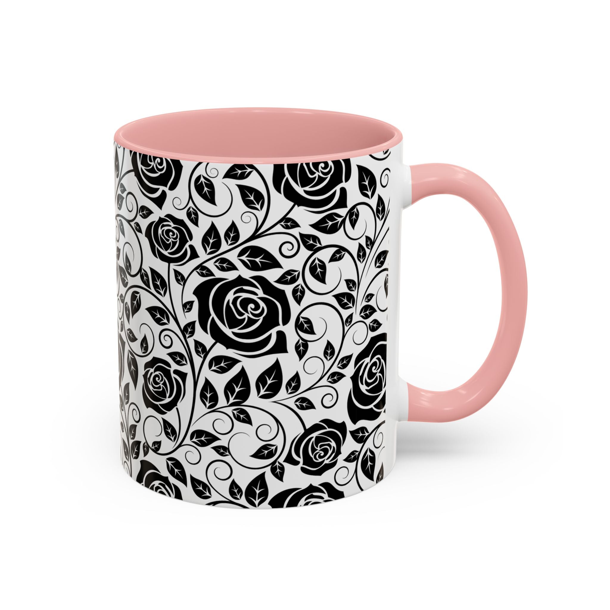Black Rose Pattern Accent Coffee Mug — 11/15oz Ceramic Gift