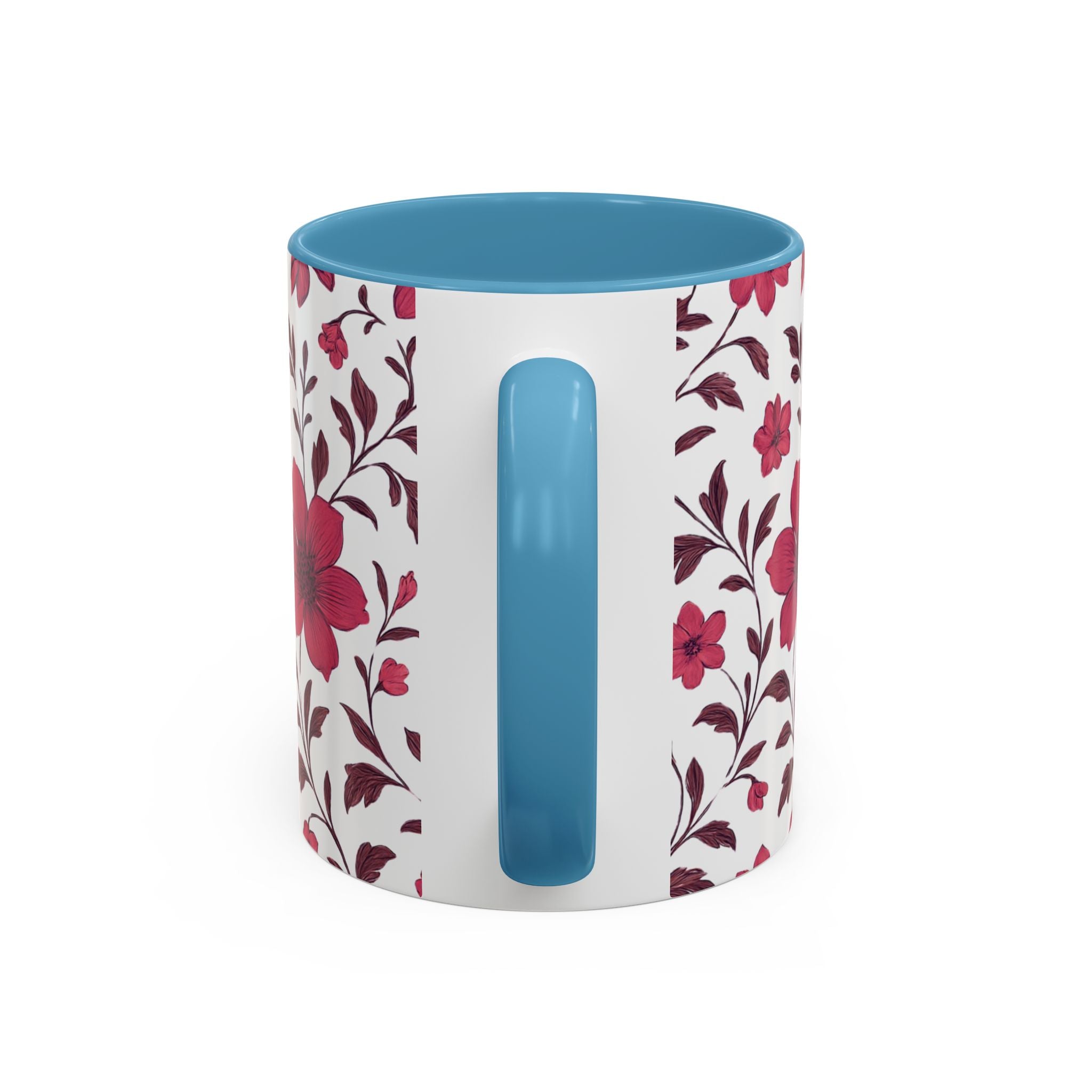 Floral Burgundy Accent Coffee Mug — Pink Blossom Pattern, 11/15oz