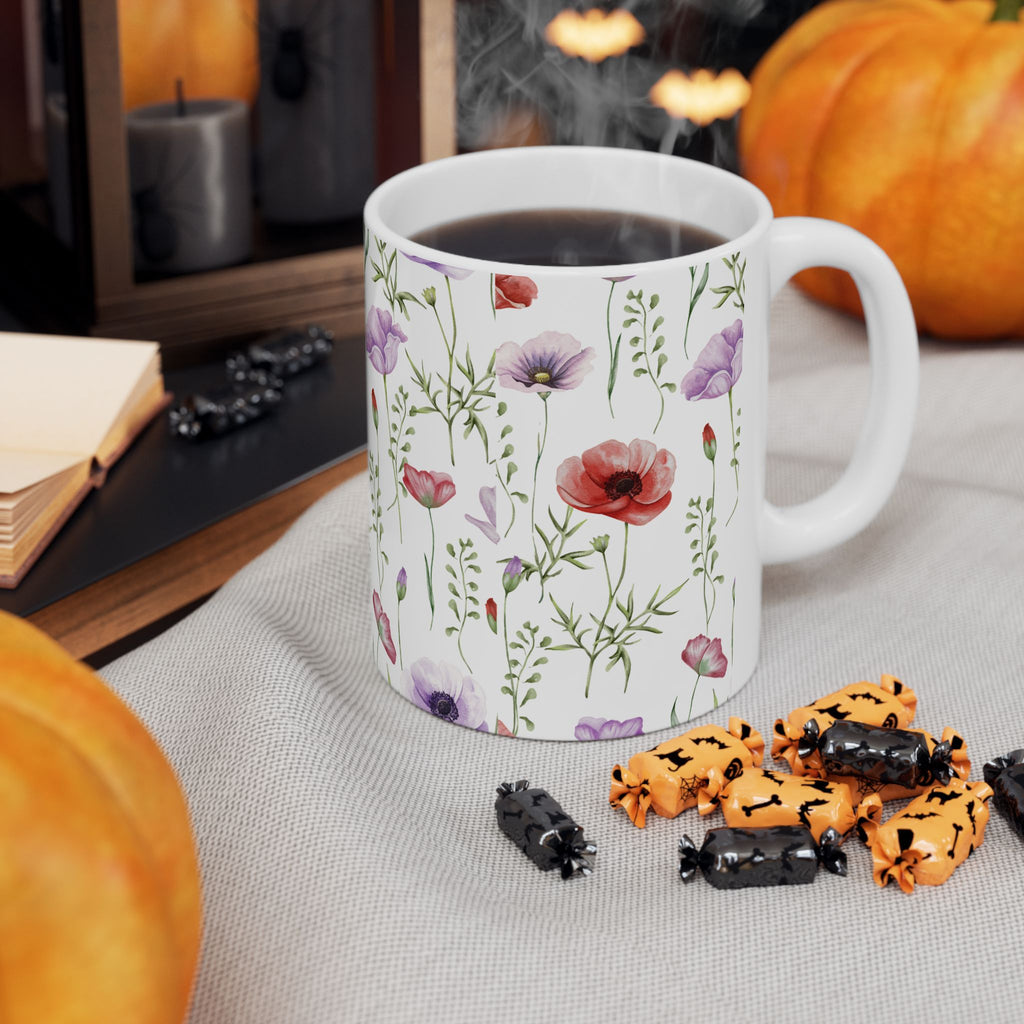 Floral Watercolor Poppy Mug — Botanical 11oz & 15oz Ceramic Coffee Cup