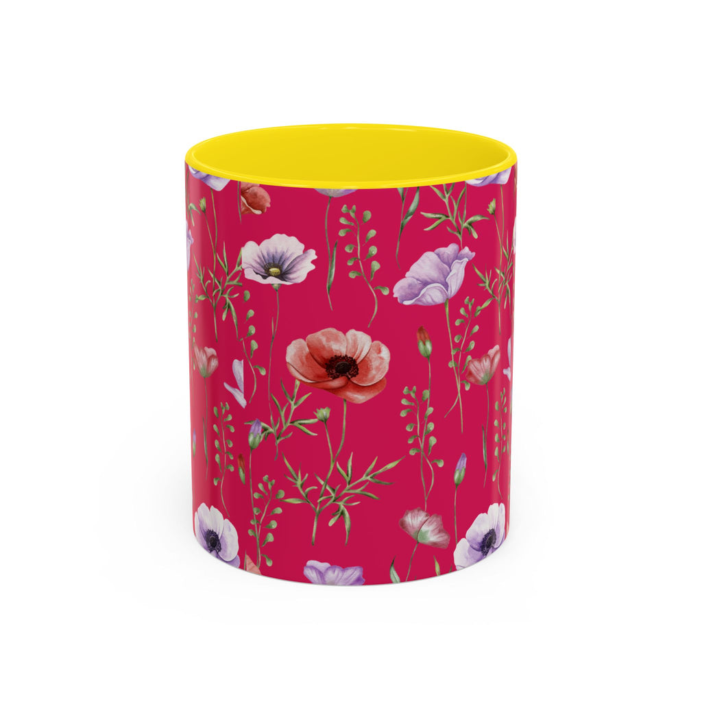 Floral Poppy Accent Coffee Mug — Red Botanical Pattern (11/15 oz)