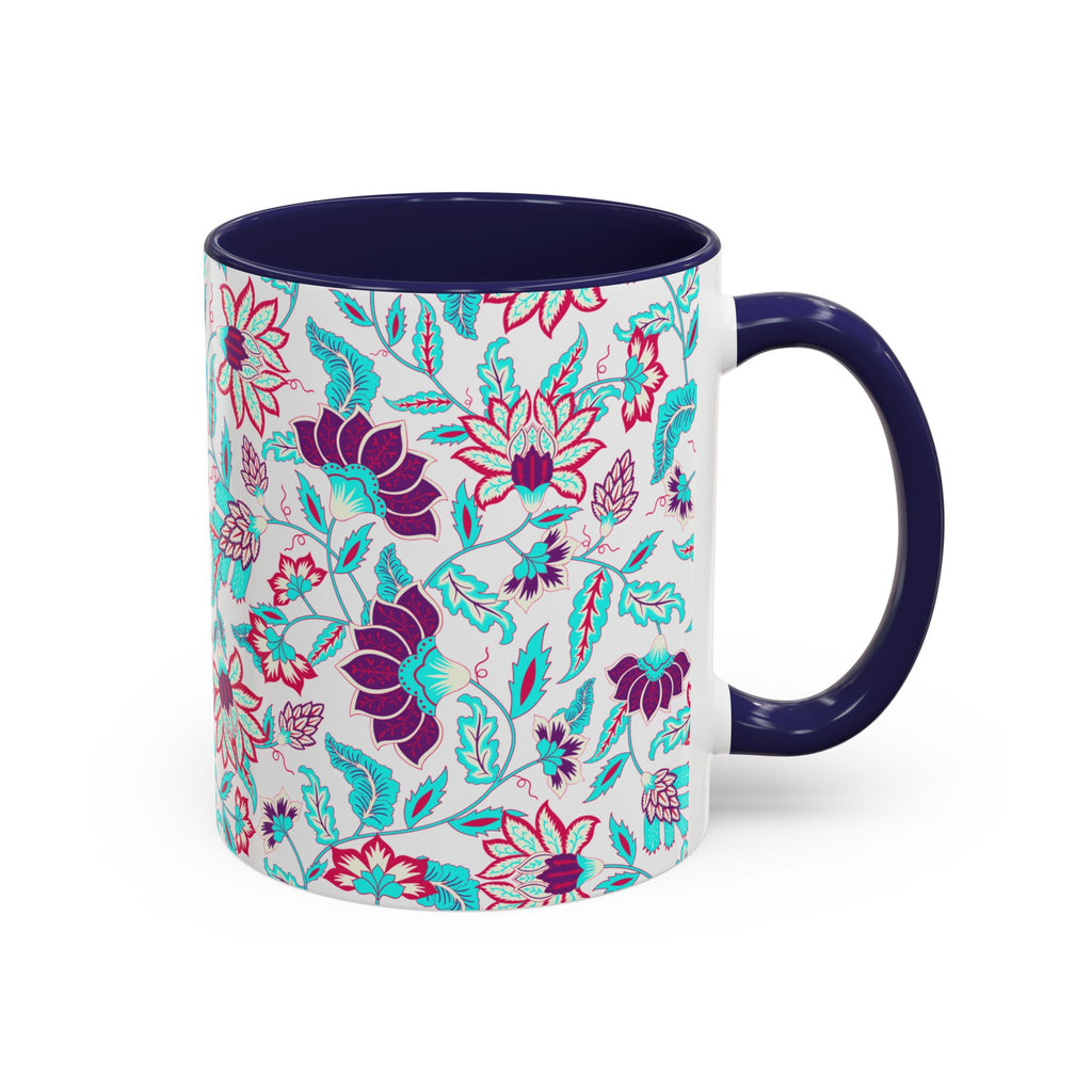 Floral Accent Coffee Mug – Teal & Magenta Patterned Ceramic Mug (11/15oz)