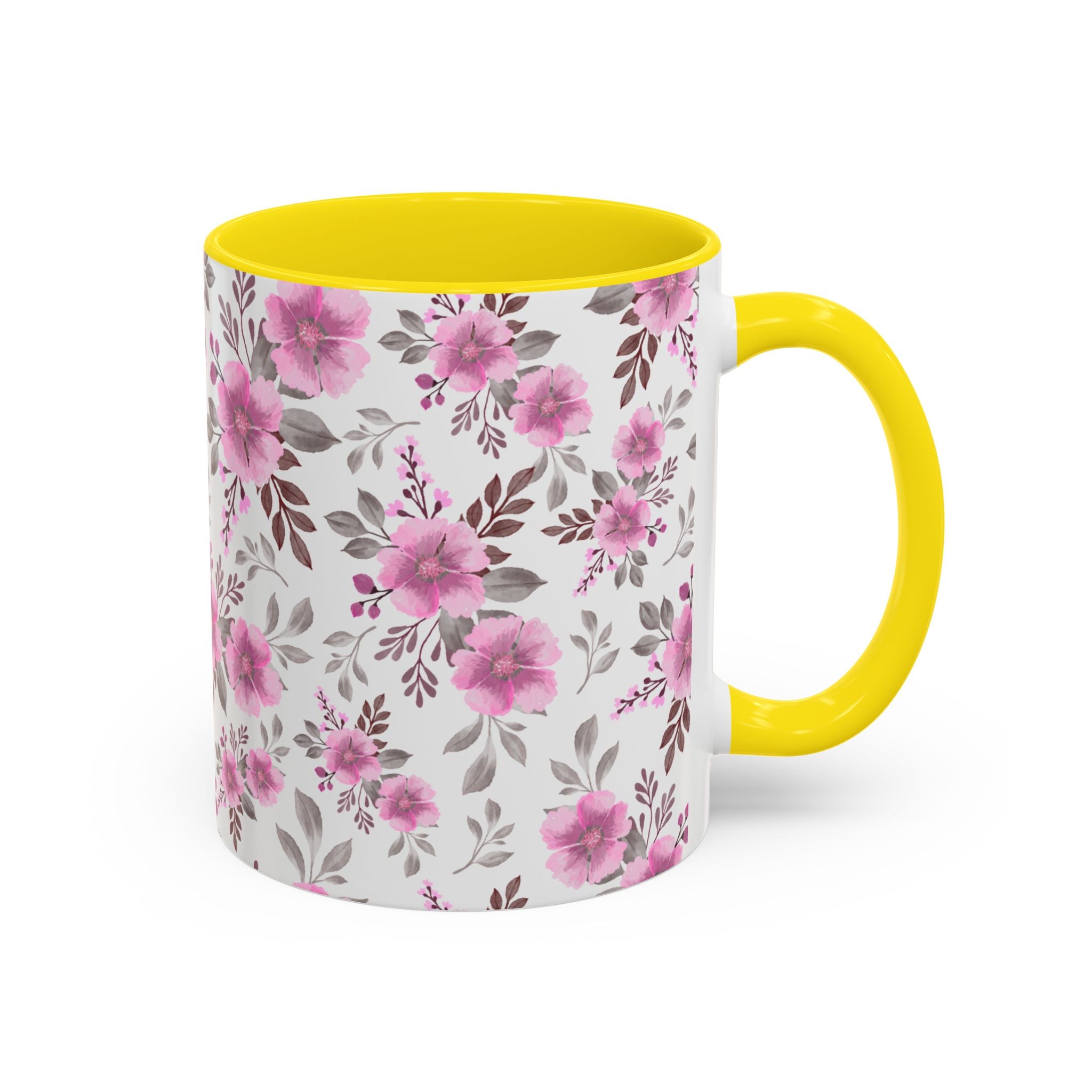 Pink Floral Accent Coffee Mug — Ceramic Rose Pattern 11/15oz