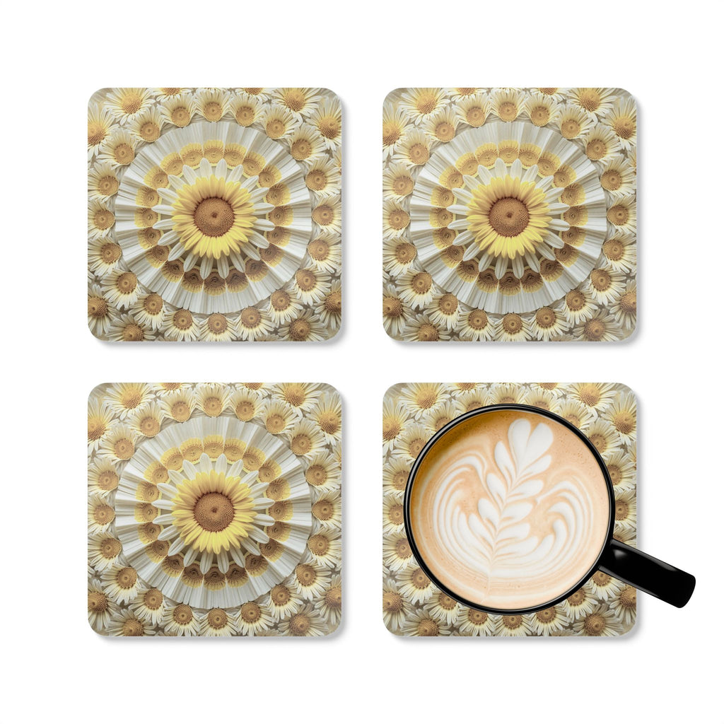 Sunflower Mandala Cork Coasters — Set of 4 Decorative Drink Coasters