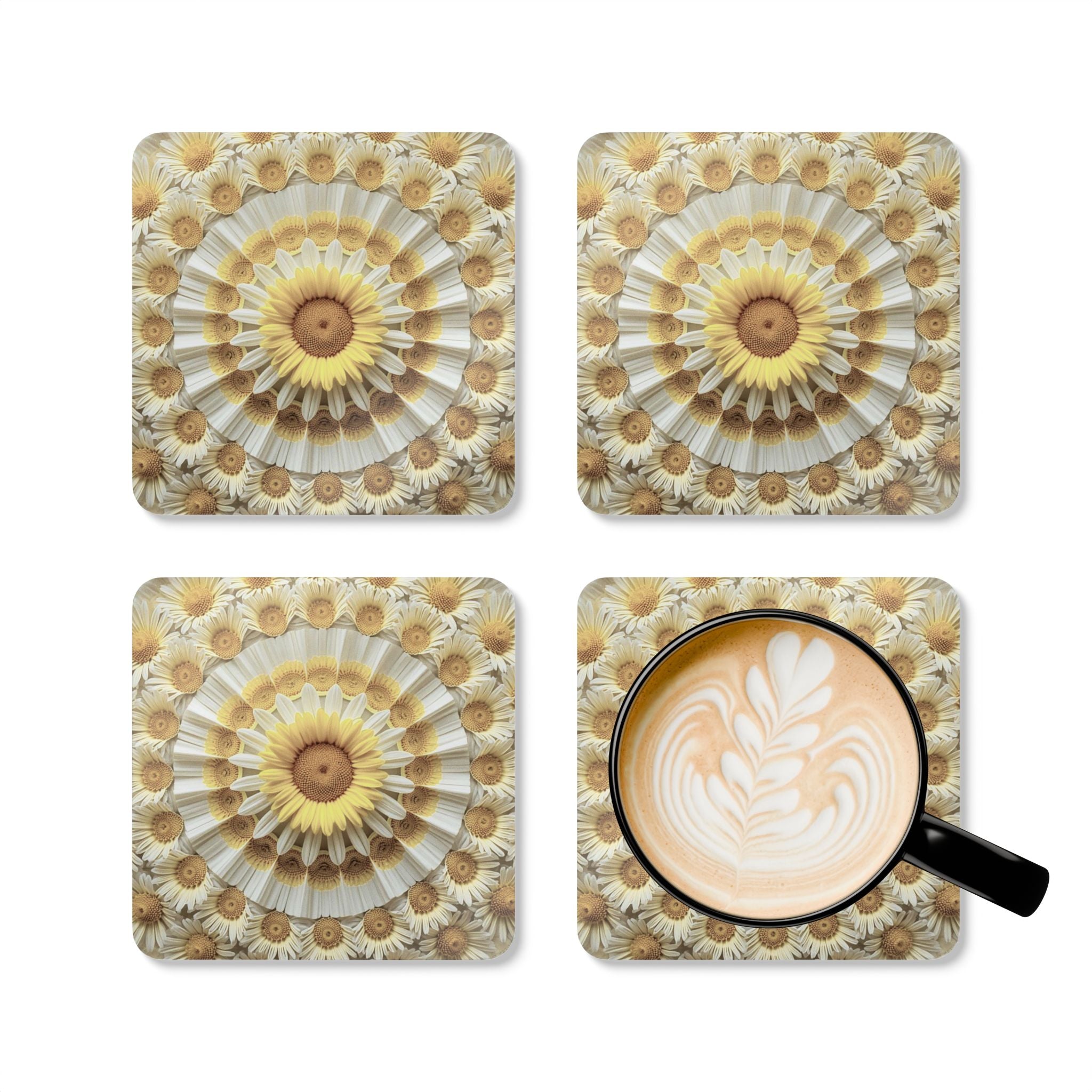 Sunflower Mandala Cork Coasters — Set of 4 Decorative Drink Coasters