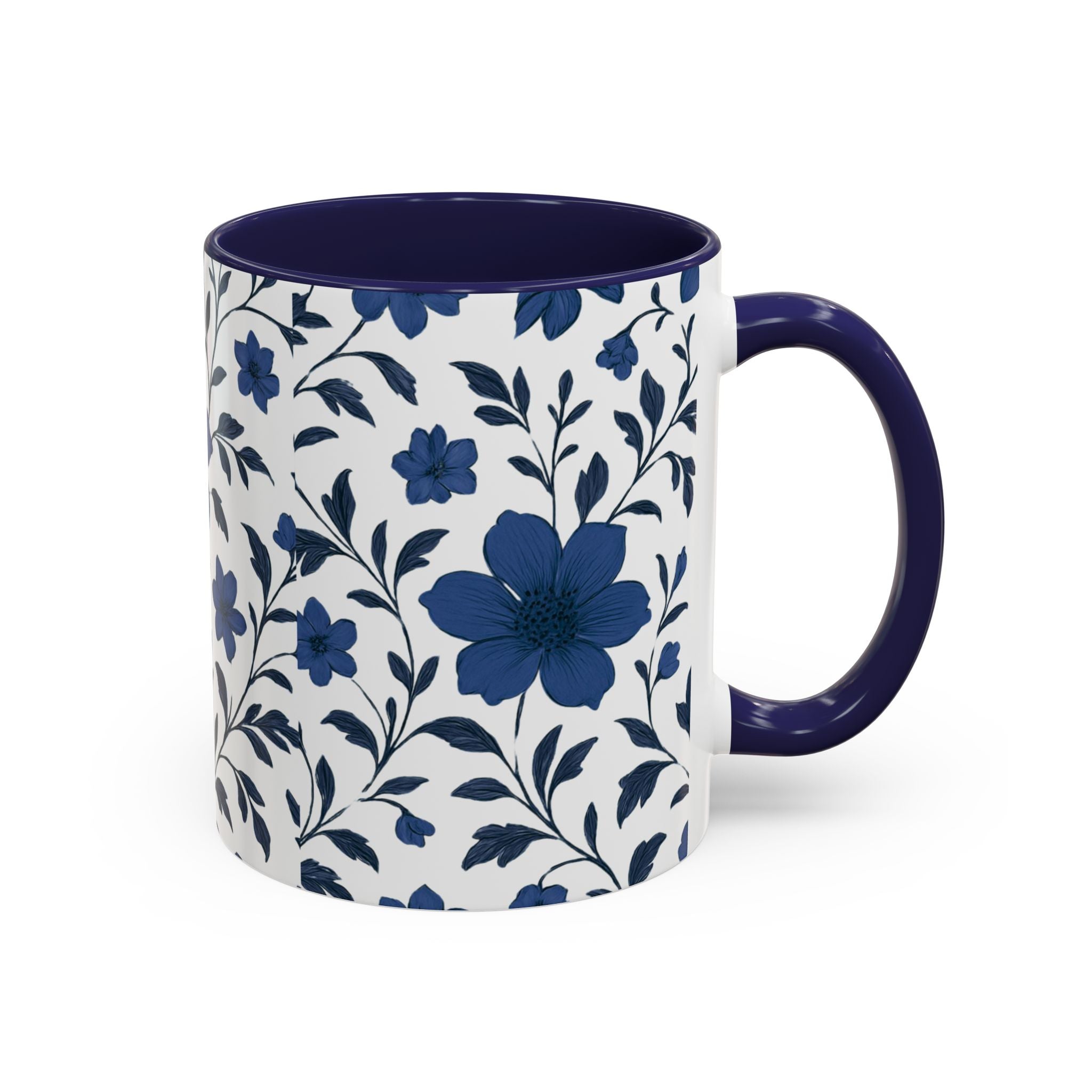 Blue Floral Accent Coffee Mug — Navy Blossom Pattern (11/15 oz)